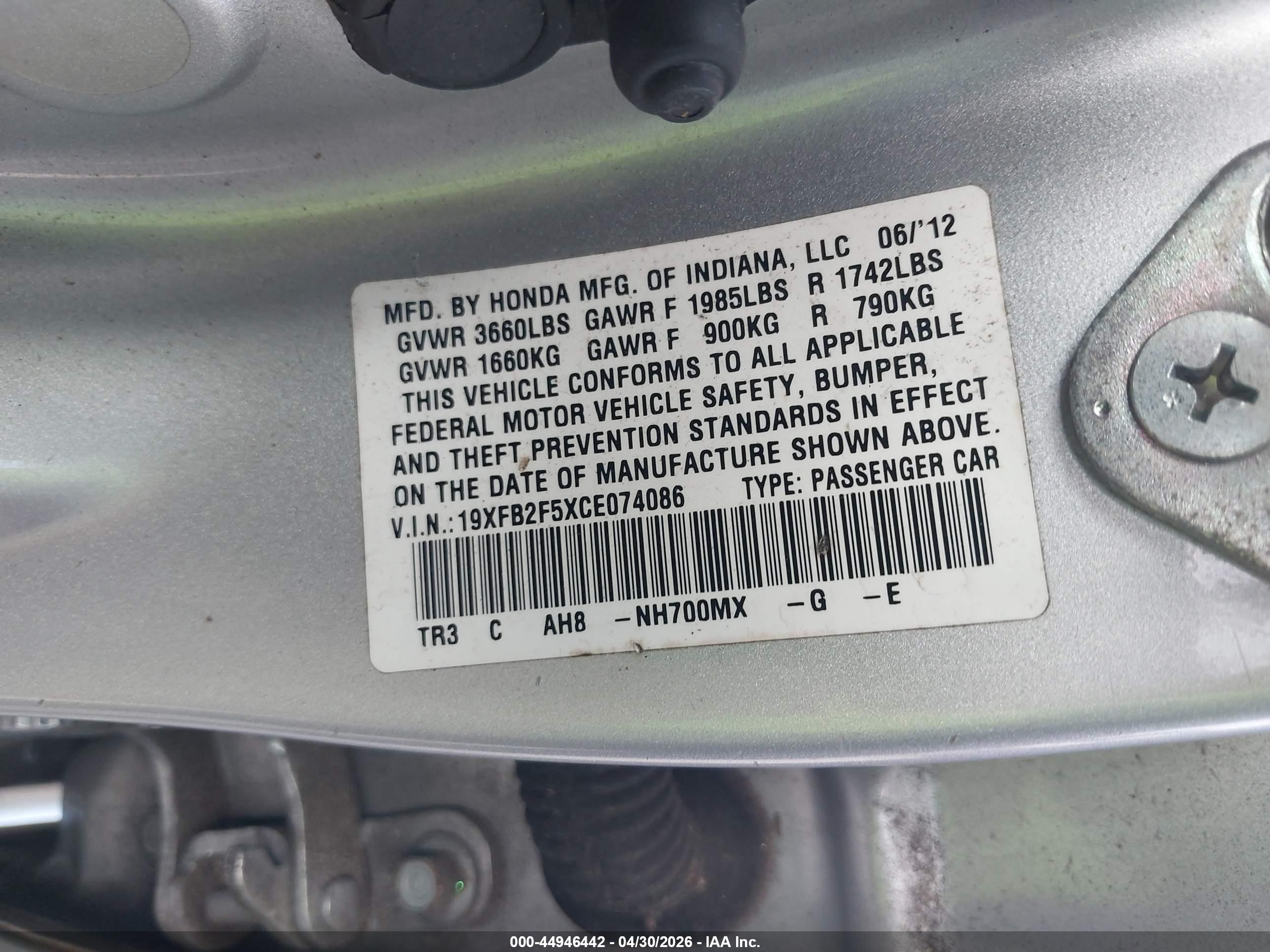 2012 Honda Civic Lx Silver vin: 19XFB2F5XCE074086