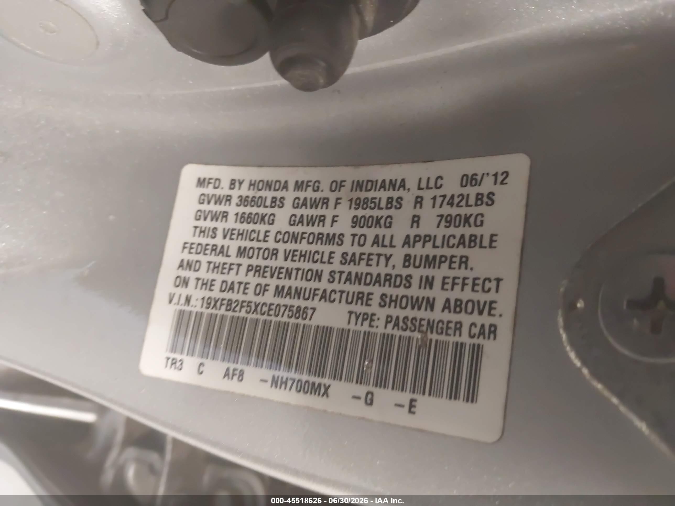 2012 Honda Civic Lx Серебряный vin: 19XFB2F5XCE075867