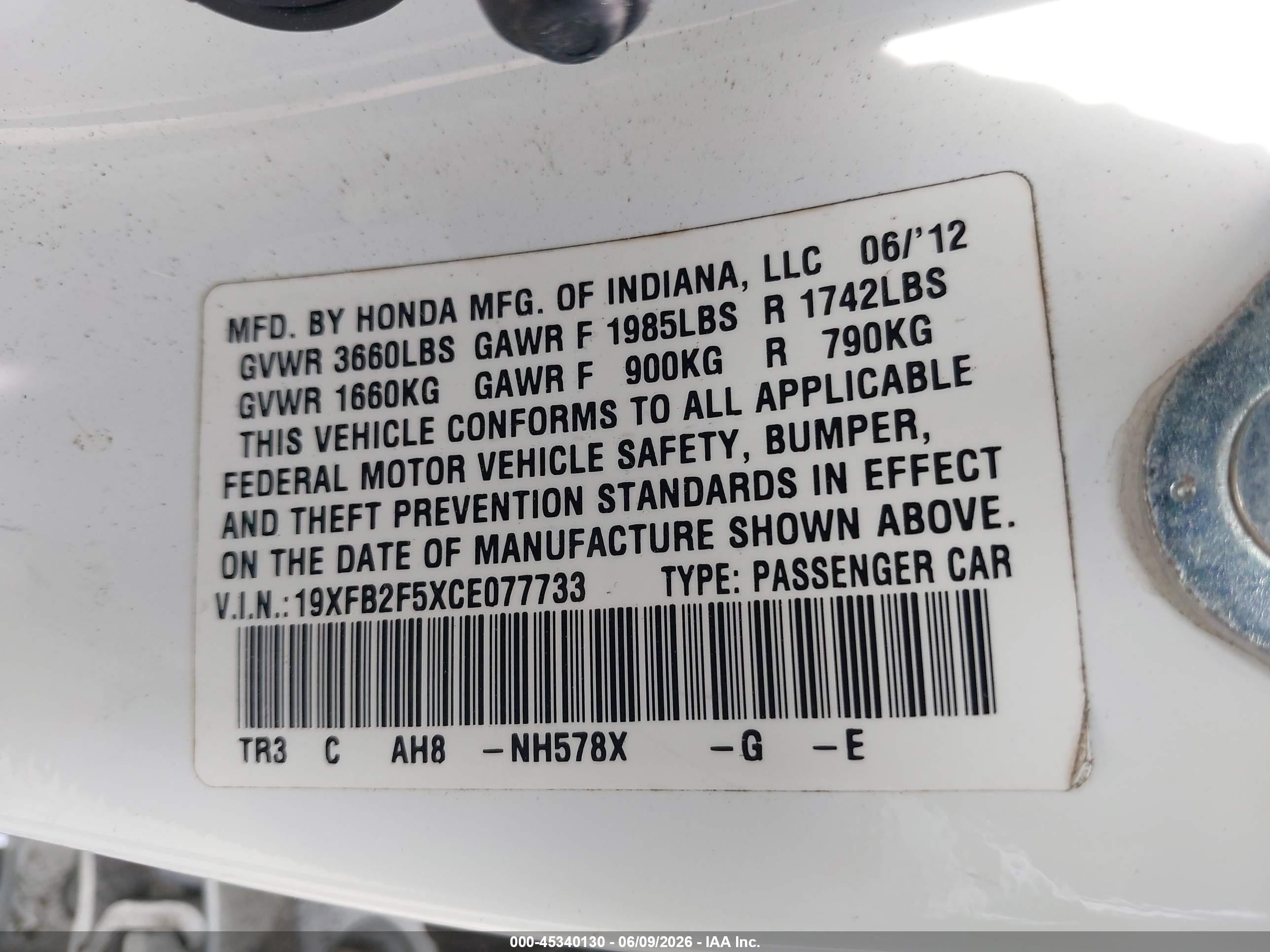 2012 Honda Civic Lx White vin: 19XFB2F5XCE077733