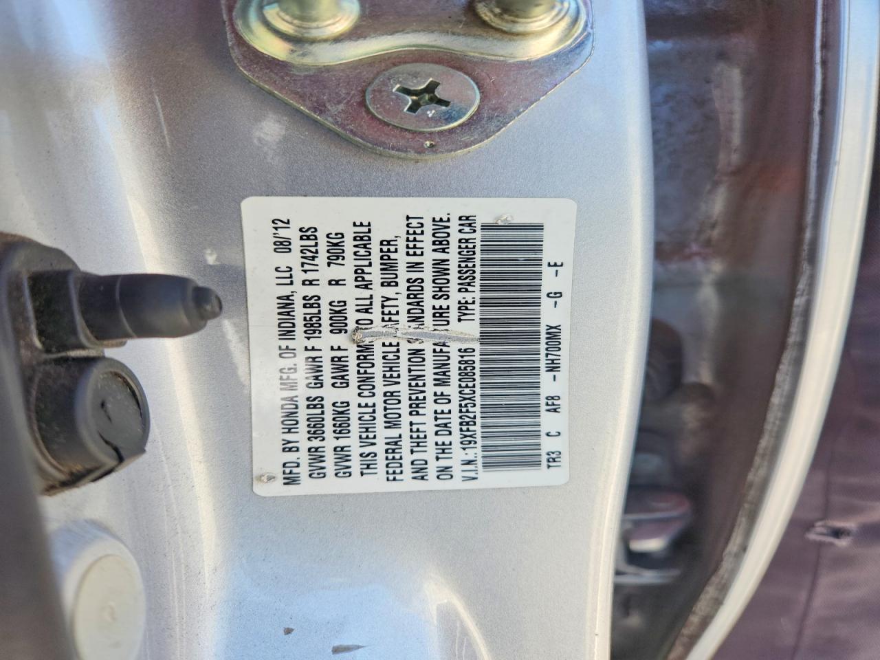 2012 Honda Civic Silver vin: 19XFB2F5XCE085816