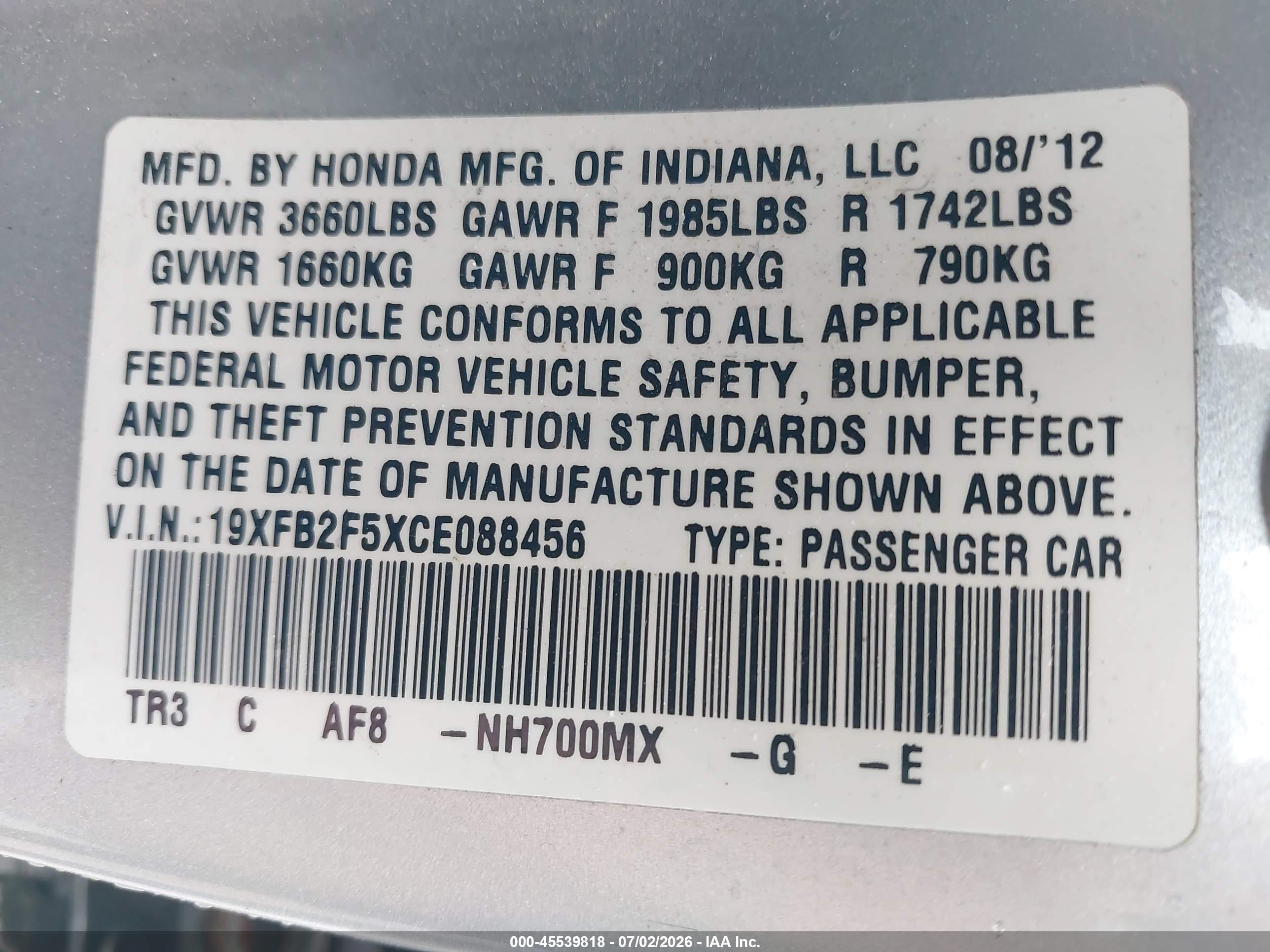 2012 Honda Civic Lx Silver vin: 19XFB2F5XCE088456