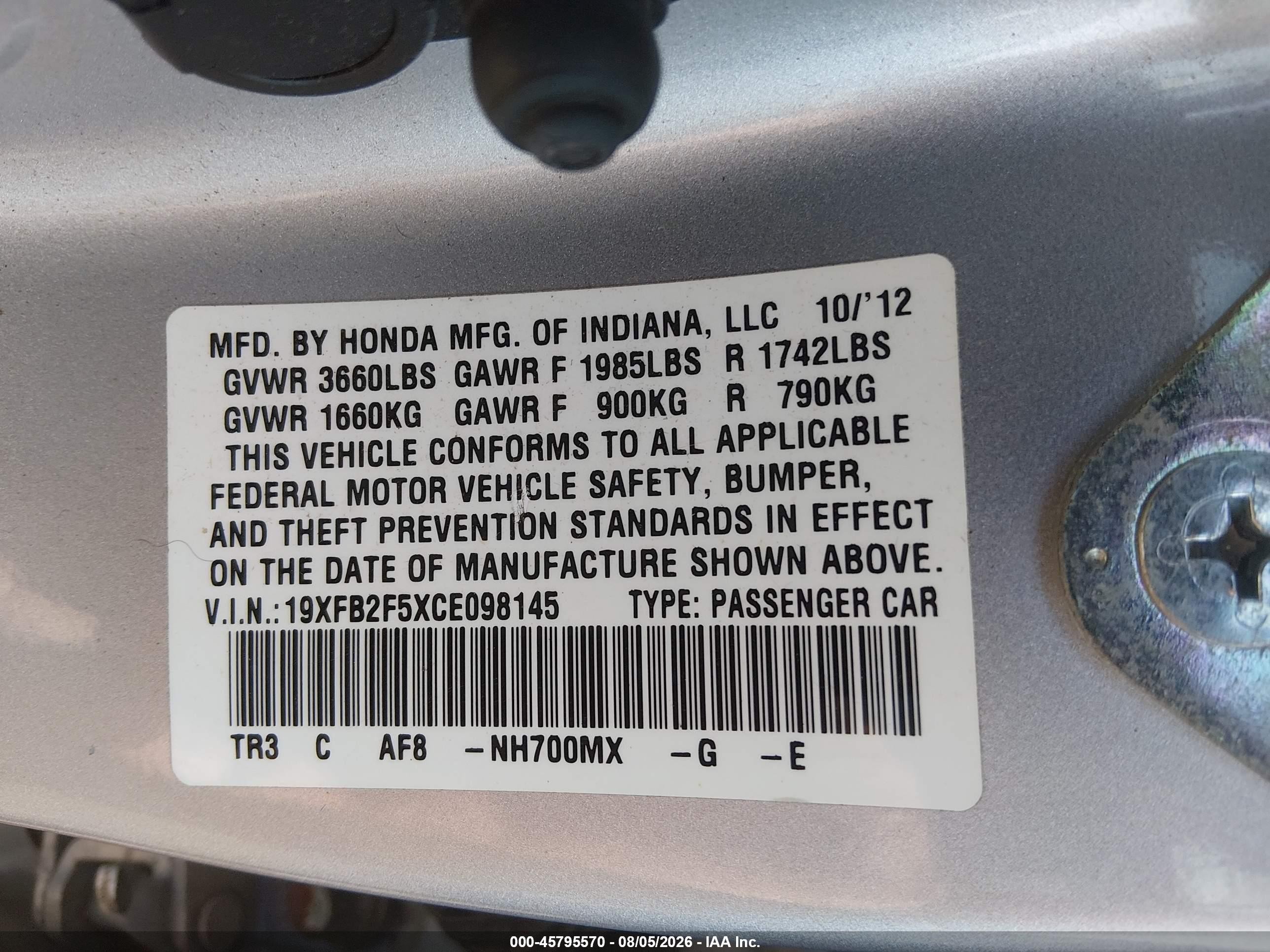 2012 Honda Civic Lx Silver vin: 19XFB2F5XCE098145
