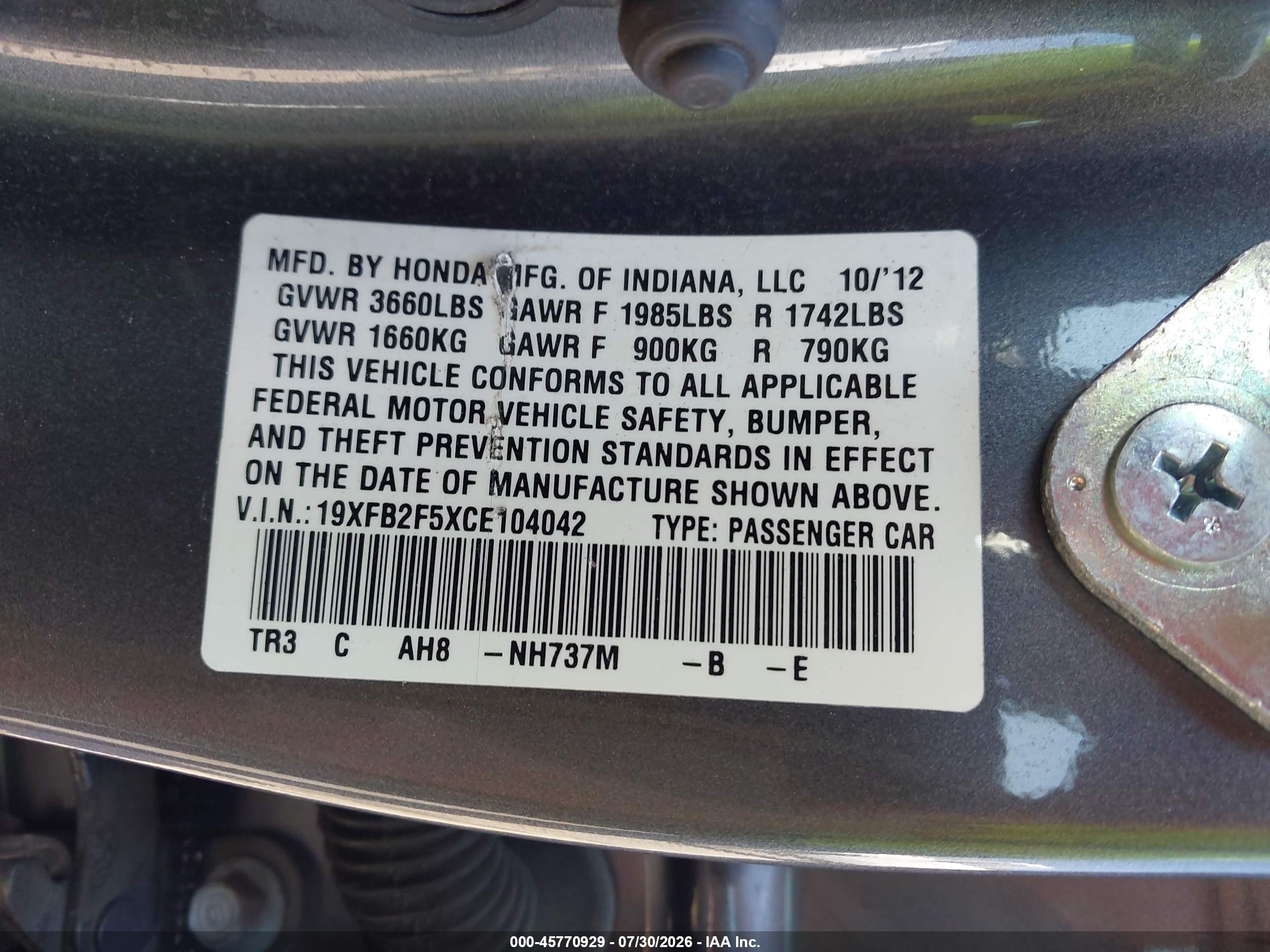 2012 Honda Civic Lx Gray vin: 19XFB2F5XCE104042