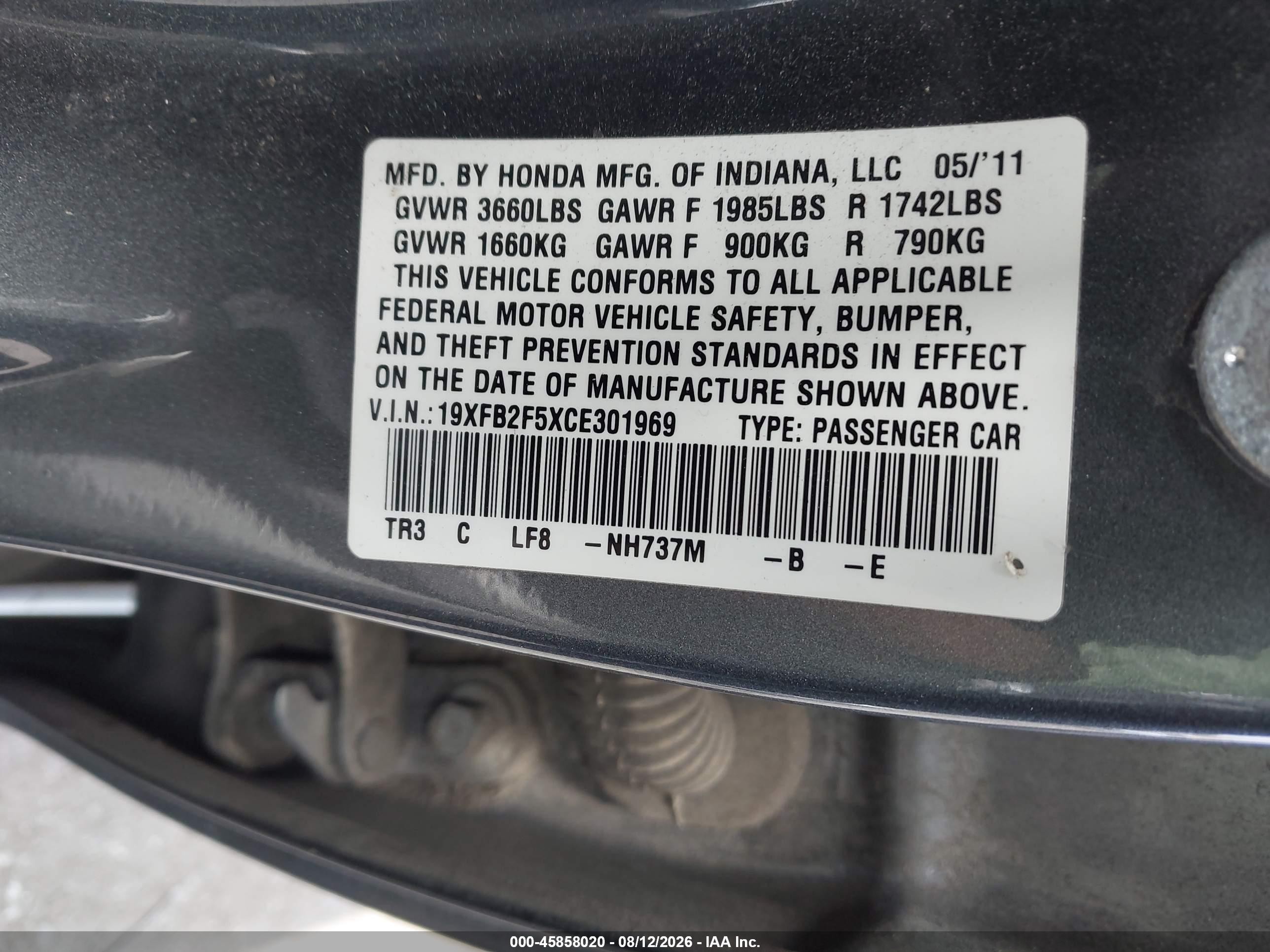 2012 Honda Civic Lx Gray vin: 19XFB2F5XCE301969