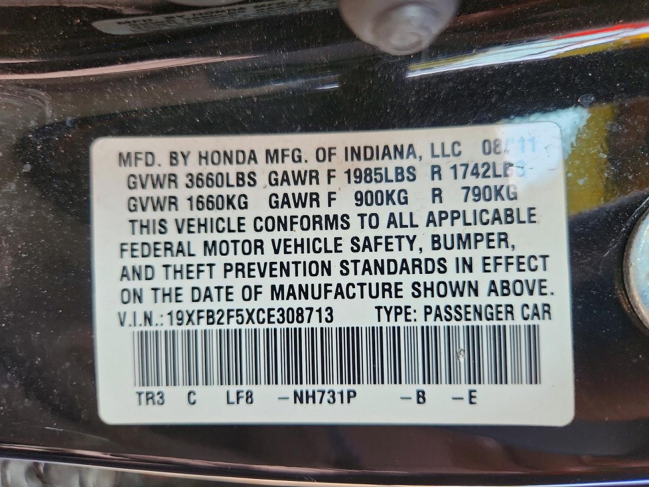 2012 Honda Civic Lx Черный vin: 19XFB2F5XCE308713