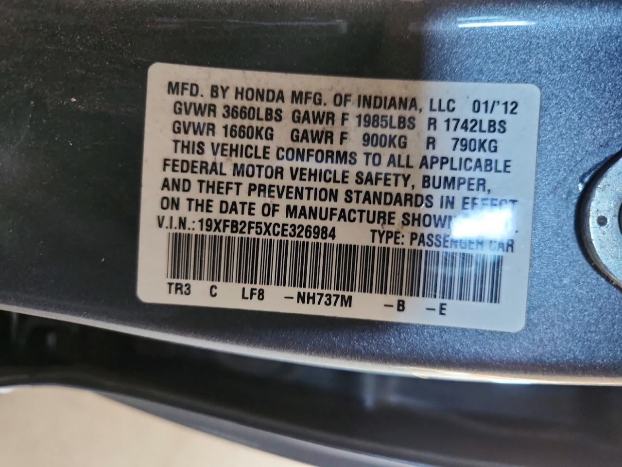 2012 Honda Civic Lx Charcoal vin: 19XFB2F5XCE326984
