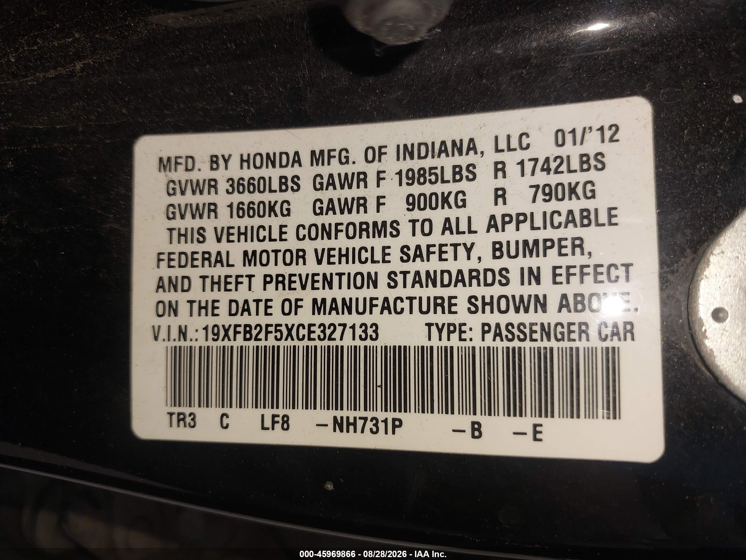 2012 Honda Civic Lx Black vin: 19XFB2F5XCE327133
