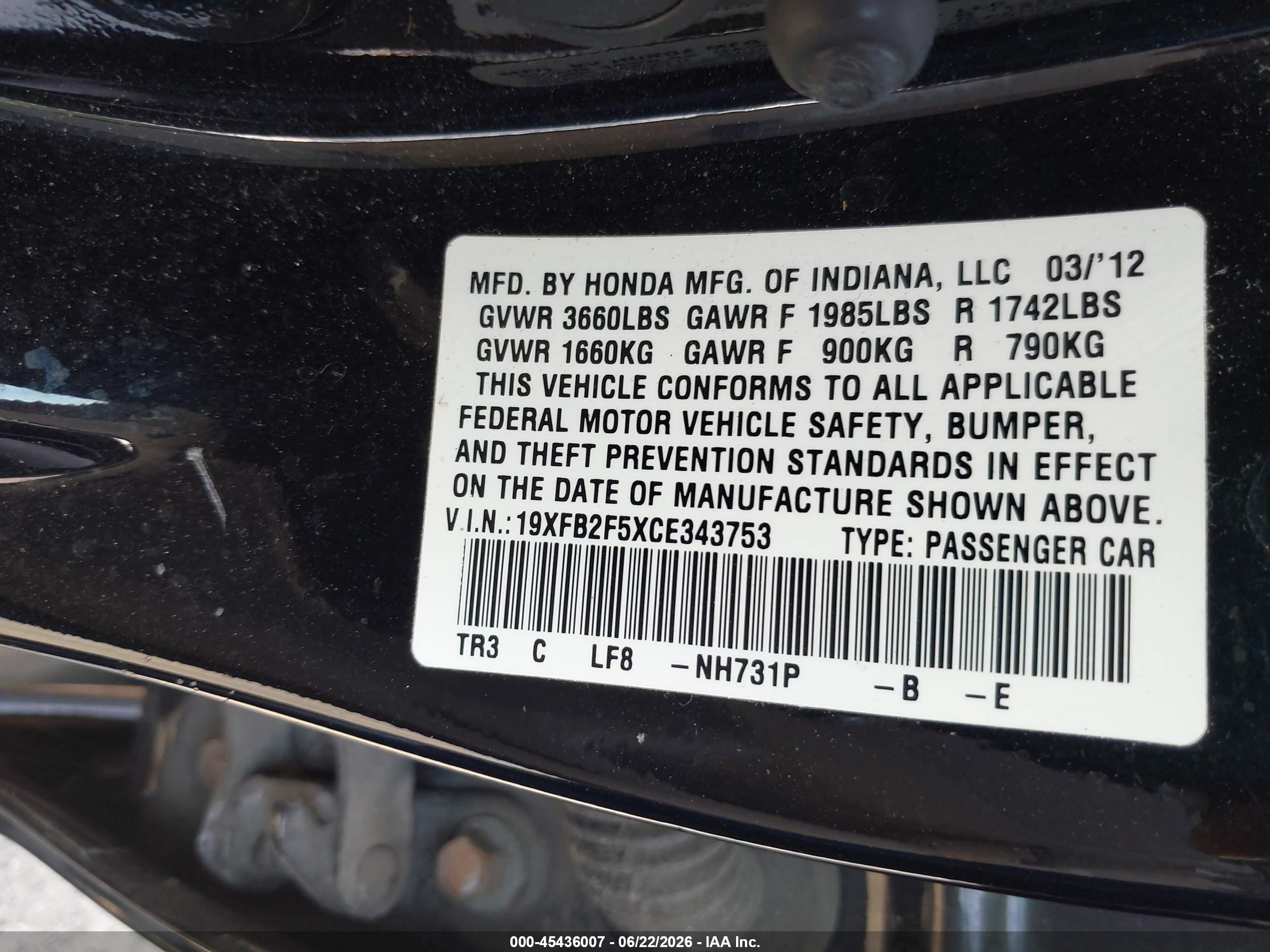 2012 Honda Civic Lx Black vin: 19XFB2F5XCE343753
