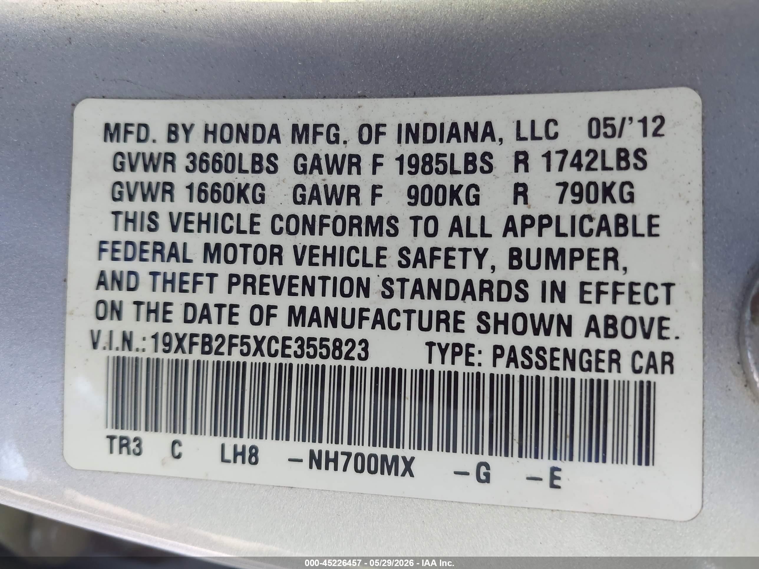 2012 Honda Civic Lx Серебряный vin: 19XFB2F5XCE355823