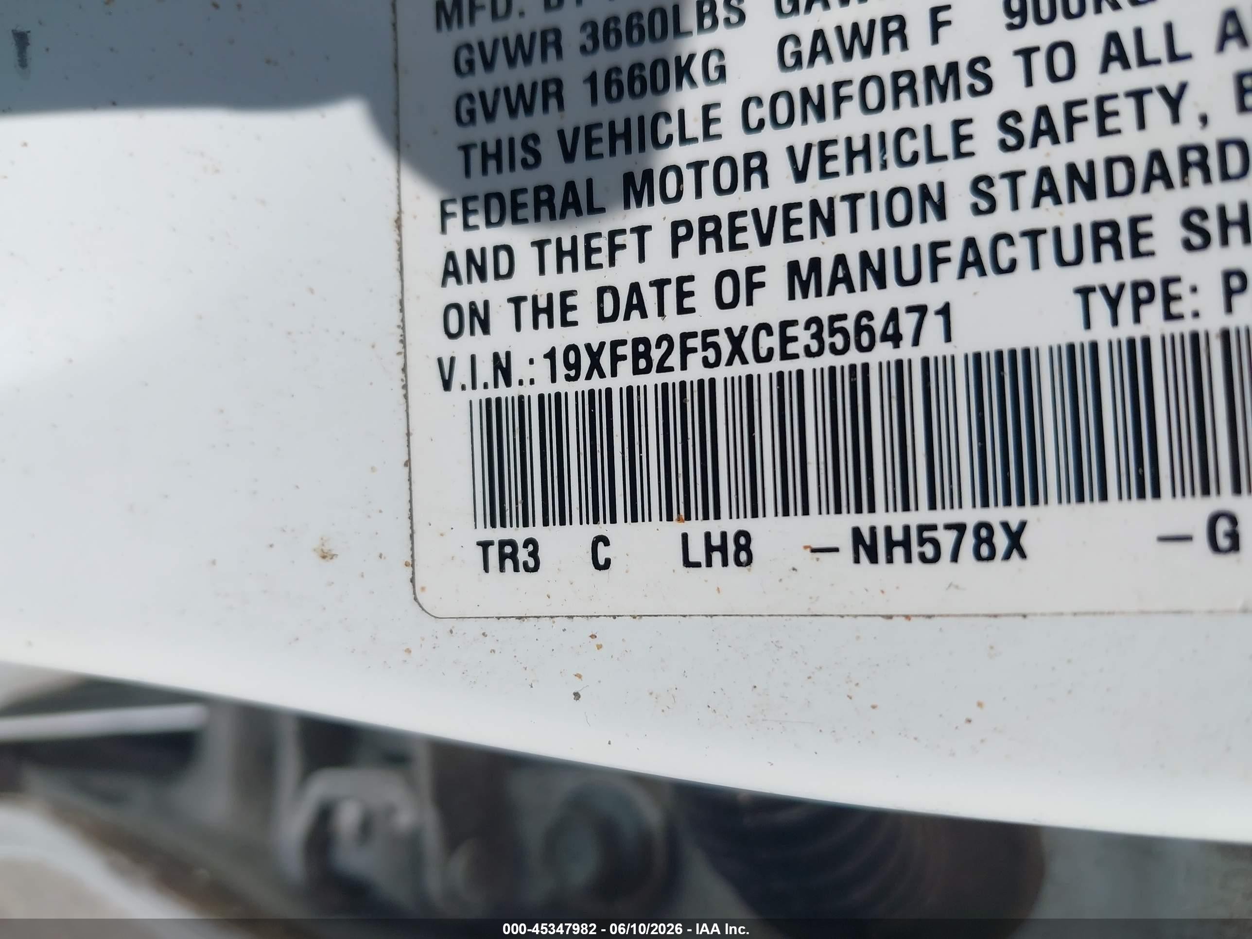 2012 Honda Civic Lx White vin: 19XFB2F5XCE356471