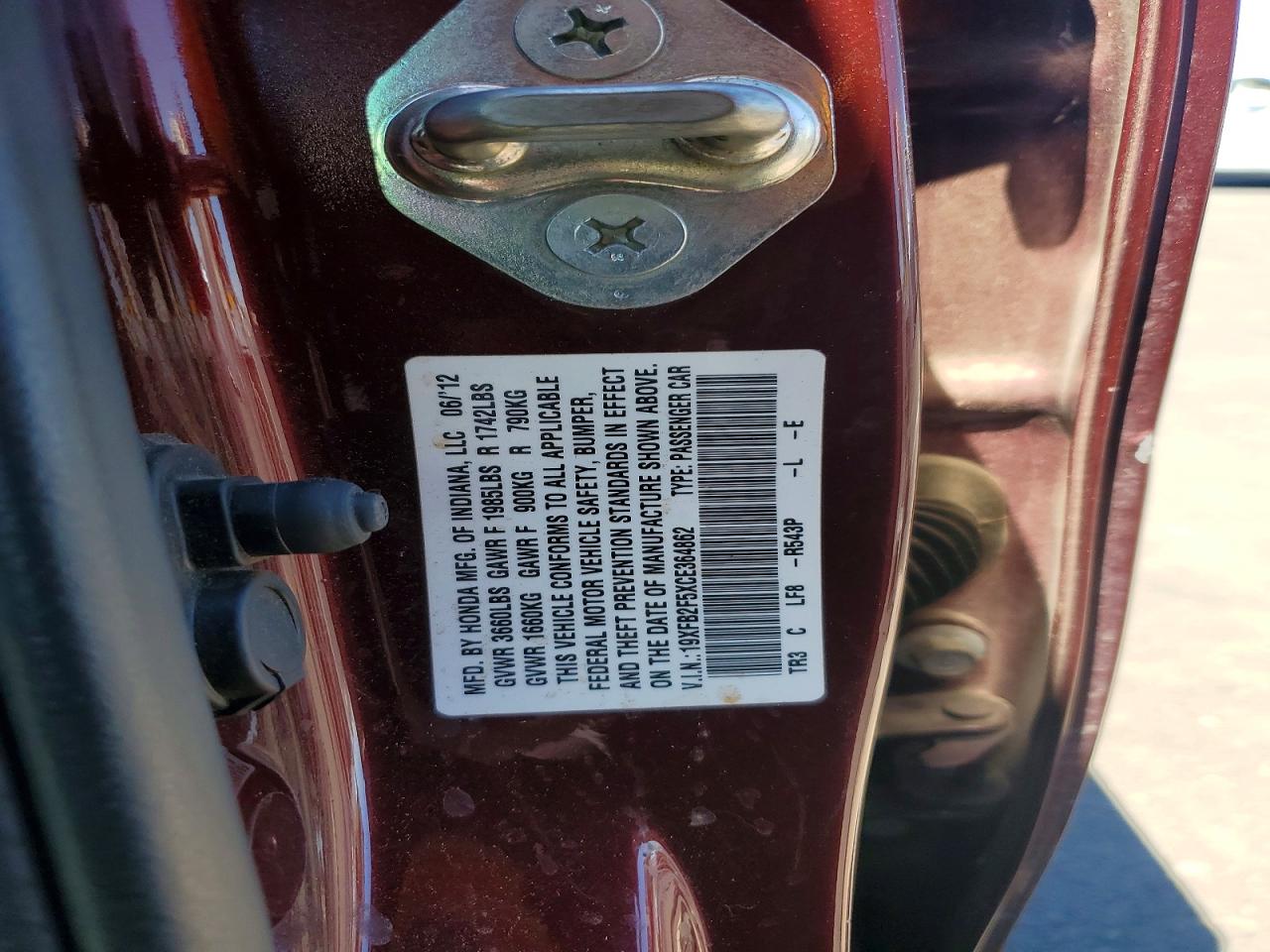 2012 Honda Civic Lx Burgundy vin: 19XFB2F5XCE364862