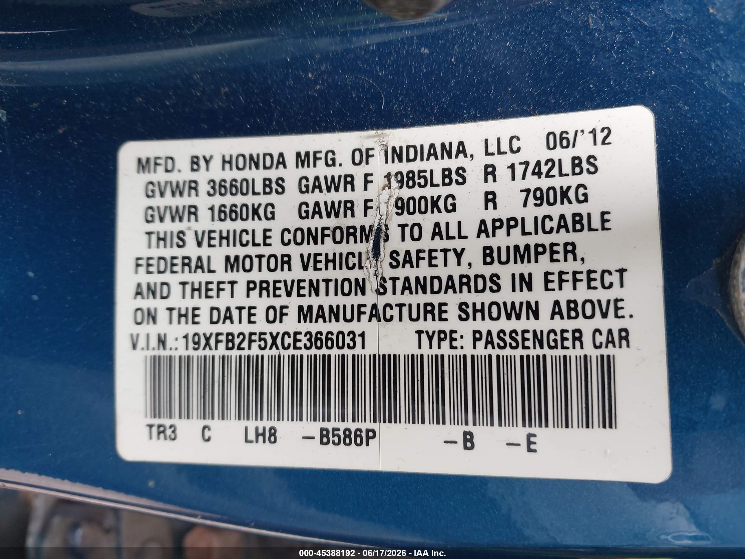 2012 Honda Civic Lx Dark Blue vin: 19XFB2F5XCE366031