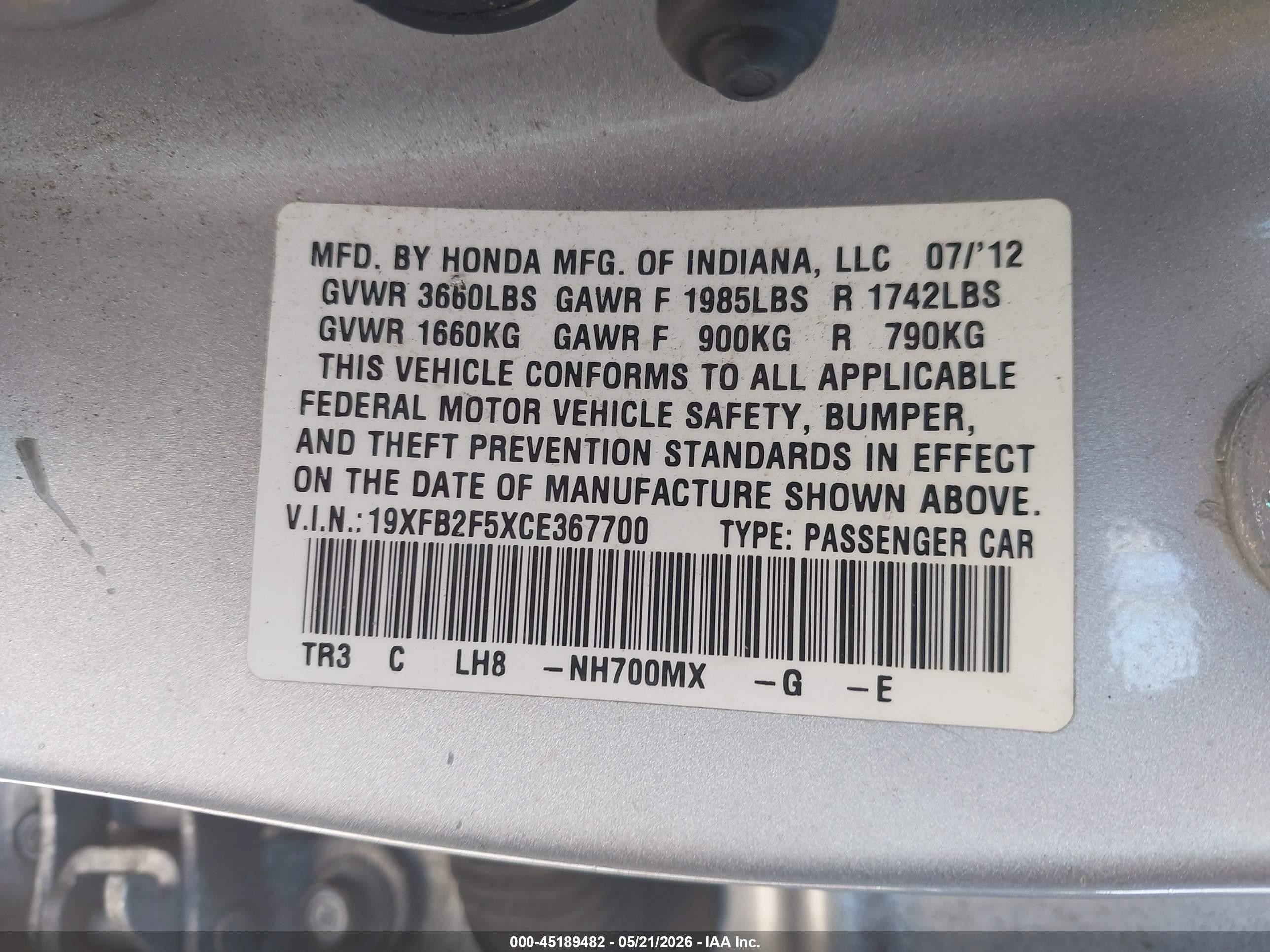 2012 Honda Civic Lx Silver vin: 19XFB2F5XCE367700