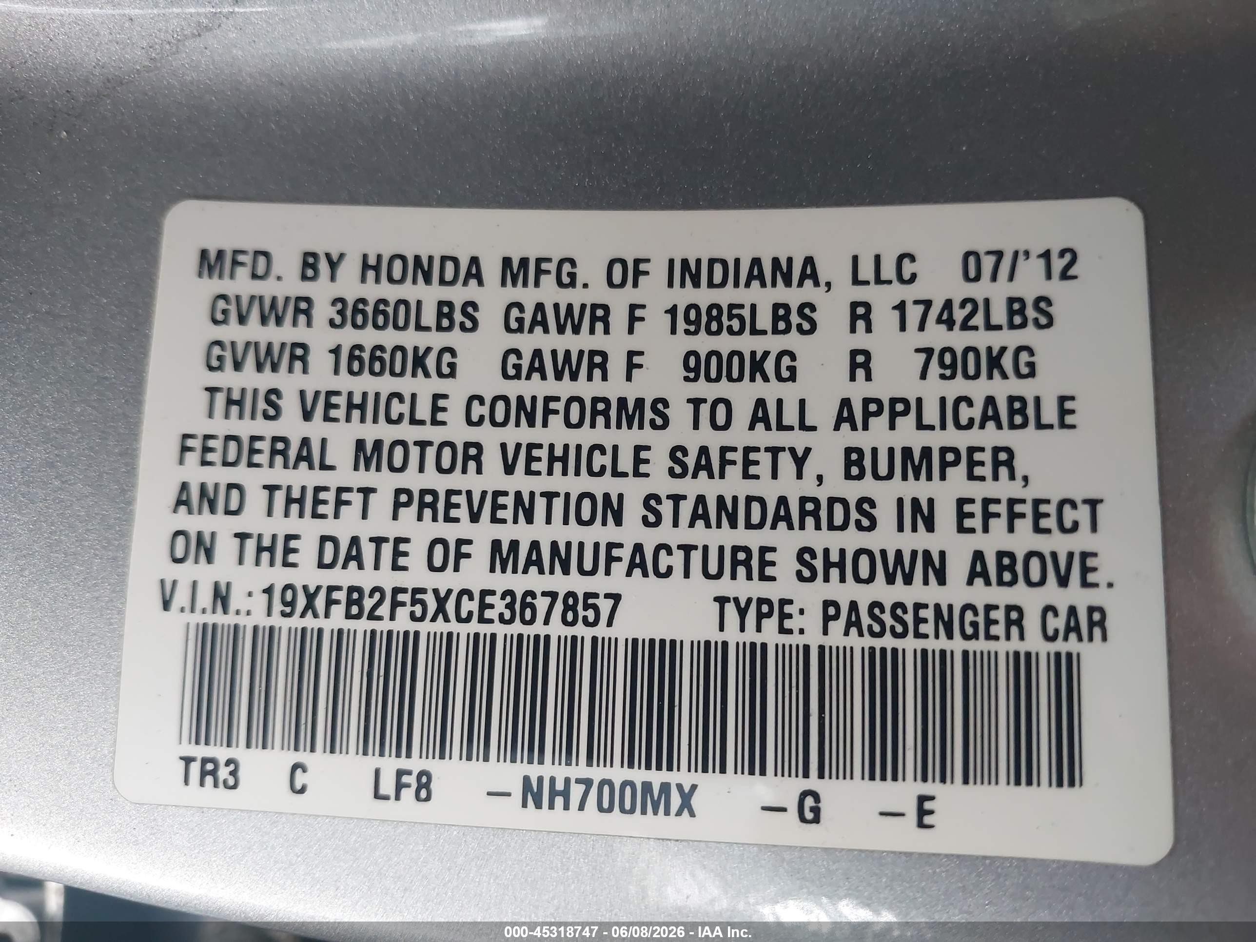 2012 Honda Civic Lx Silver vin: 19XFB2F5XCE367857