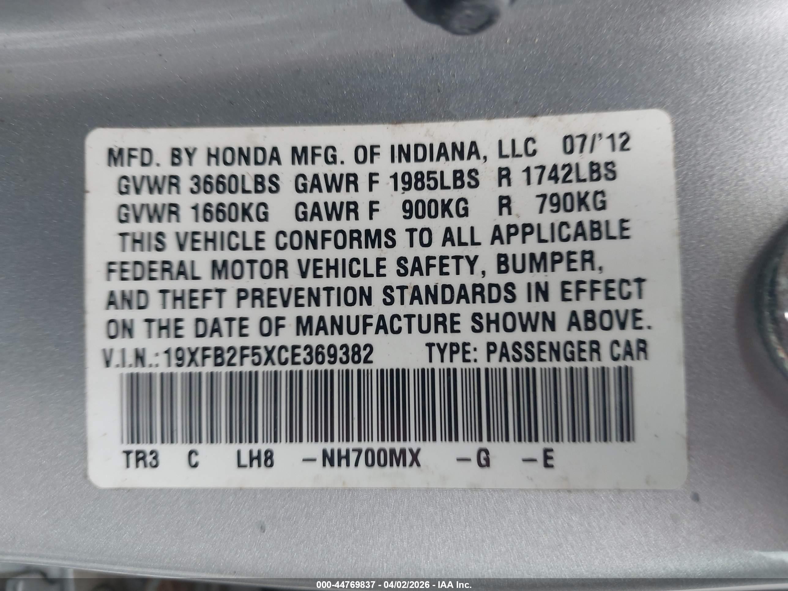 2012 Honda Civic Lx Silver vin: 19XFB2F5XCE369382