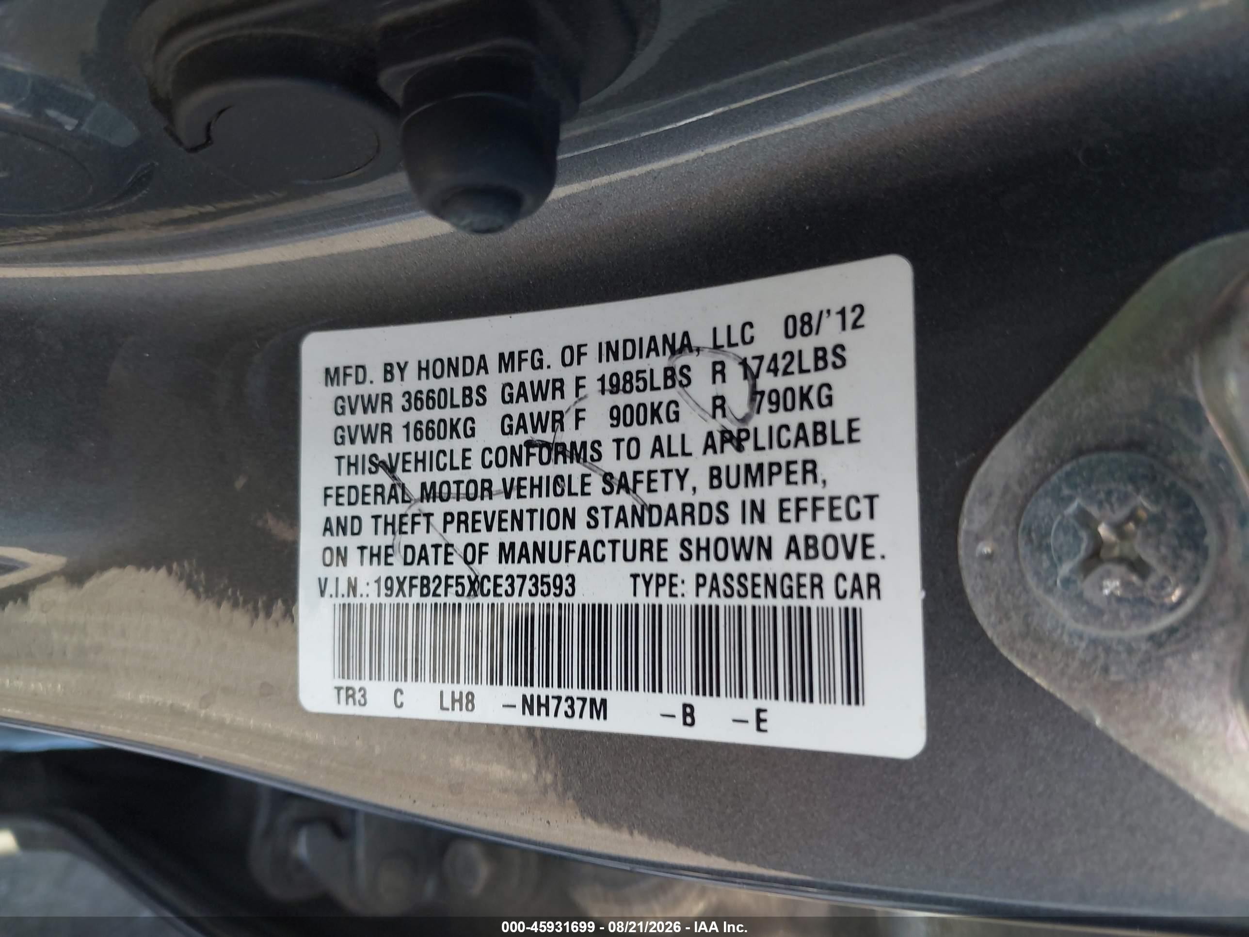 2012 Honda Civic Lx Gray vin: 19XFB2F5XCE373593