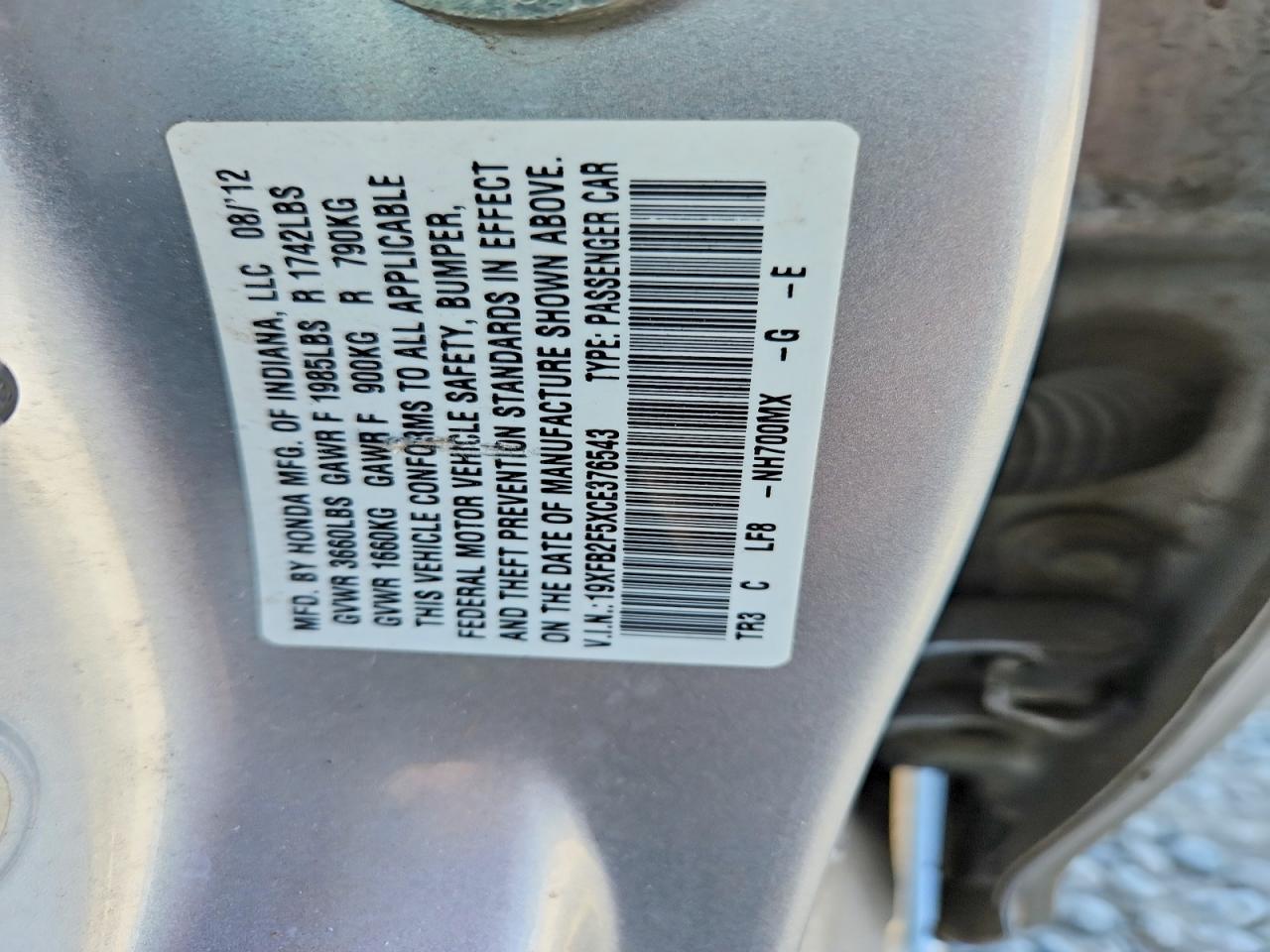 2012 Honda Civic Lx Silver vin: 19XFB2F5XCE376543