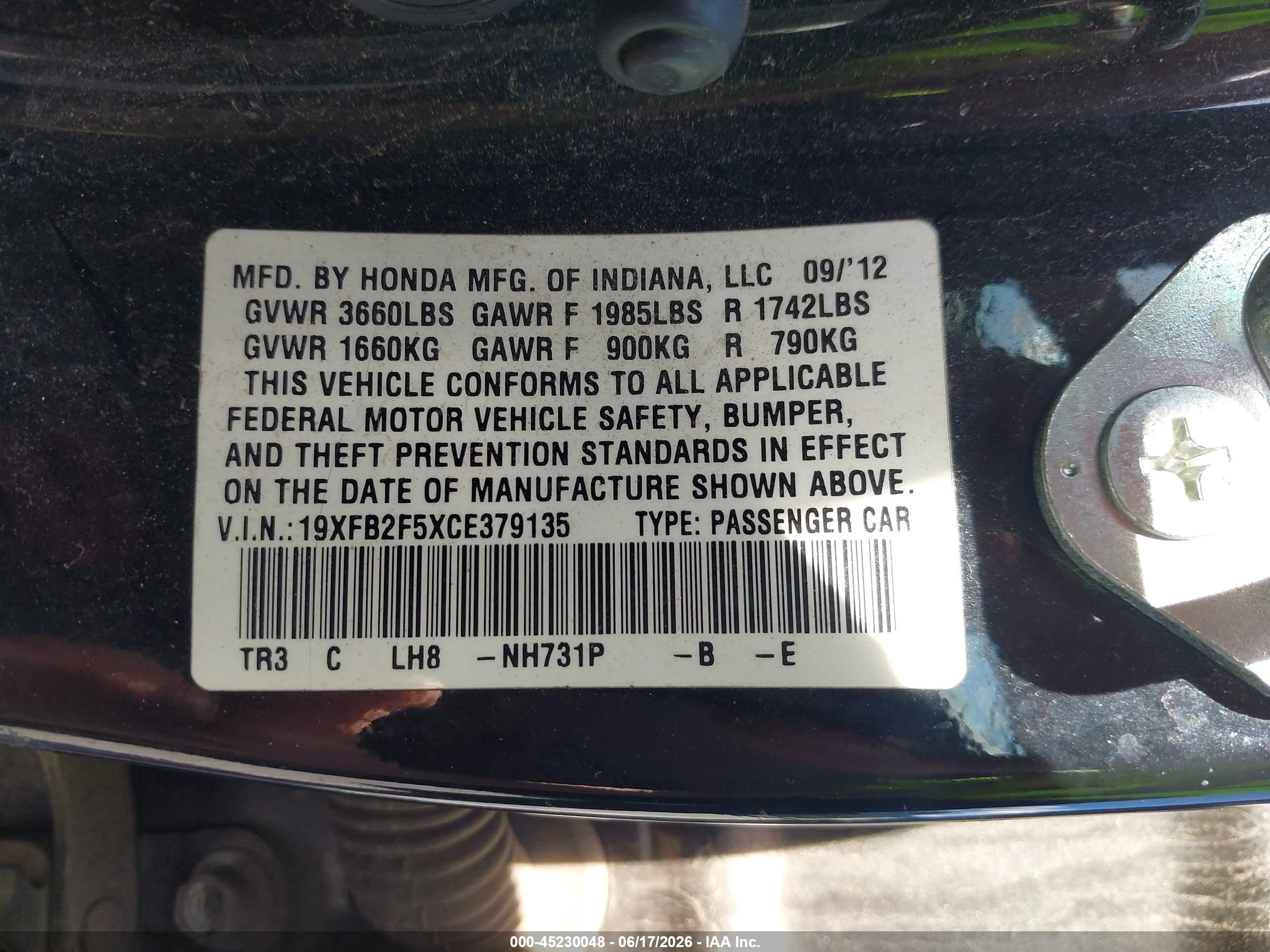 2012 Honda Civic Lx Black vin: 19XFB2F5XCE379135