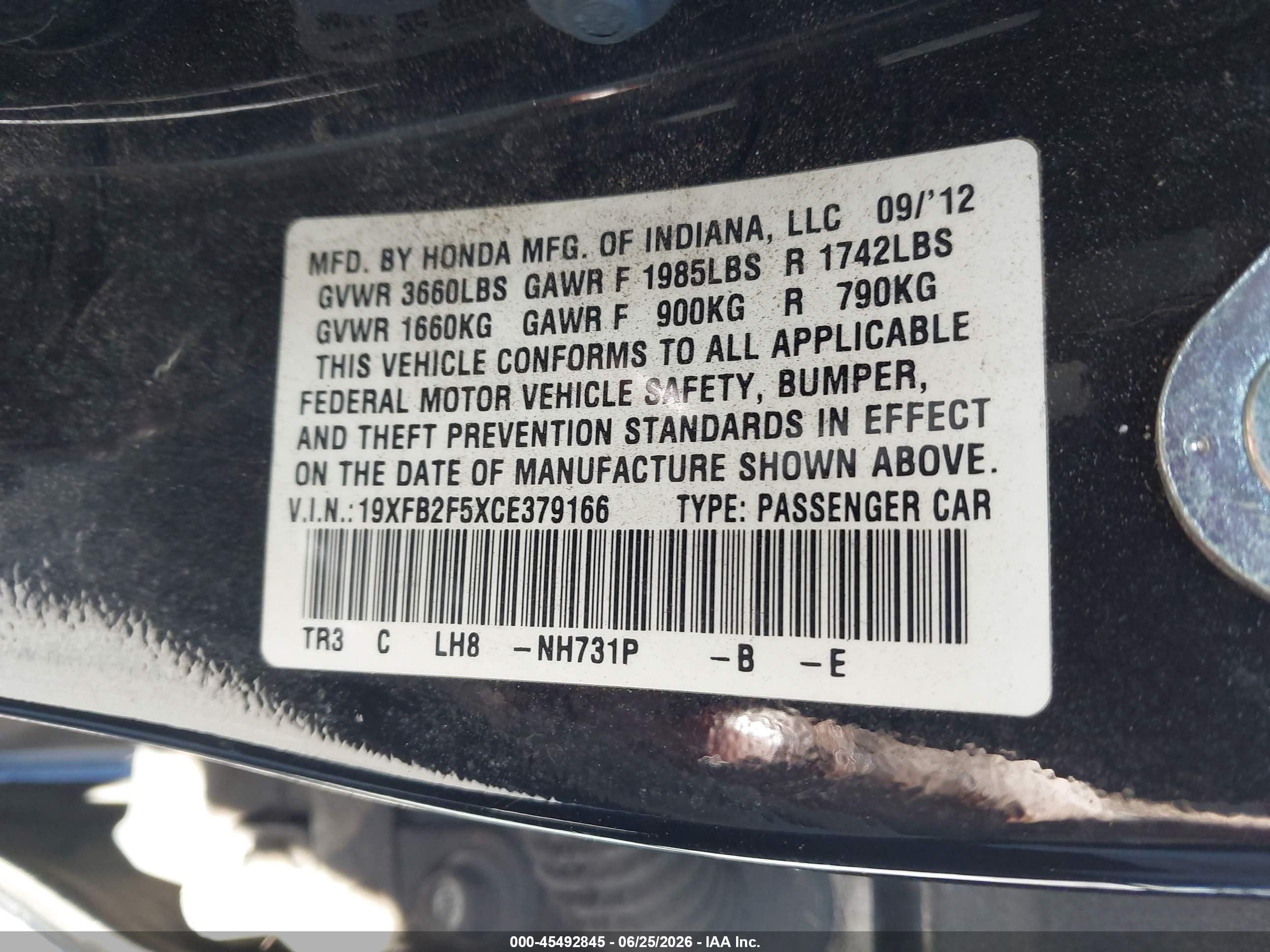 2012 Honda Civic Lx Black vin: 19XFB2F5XCE379166