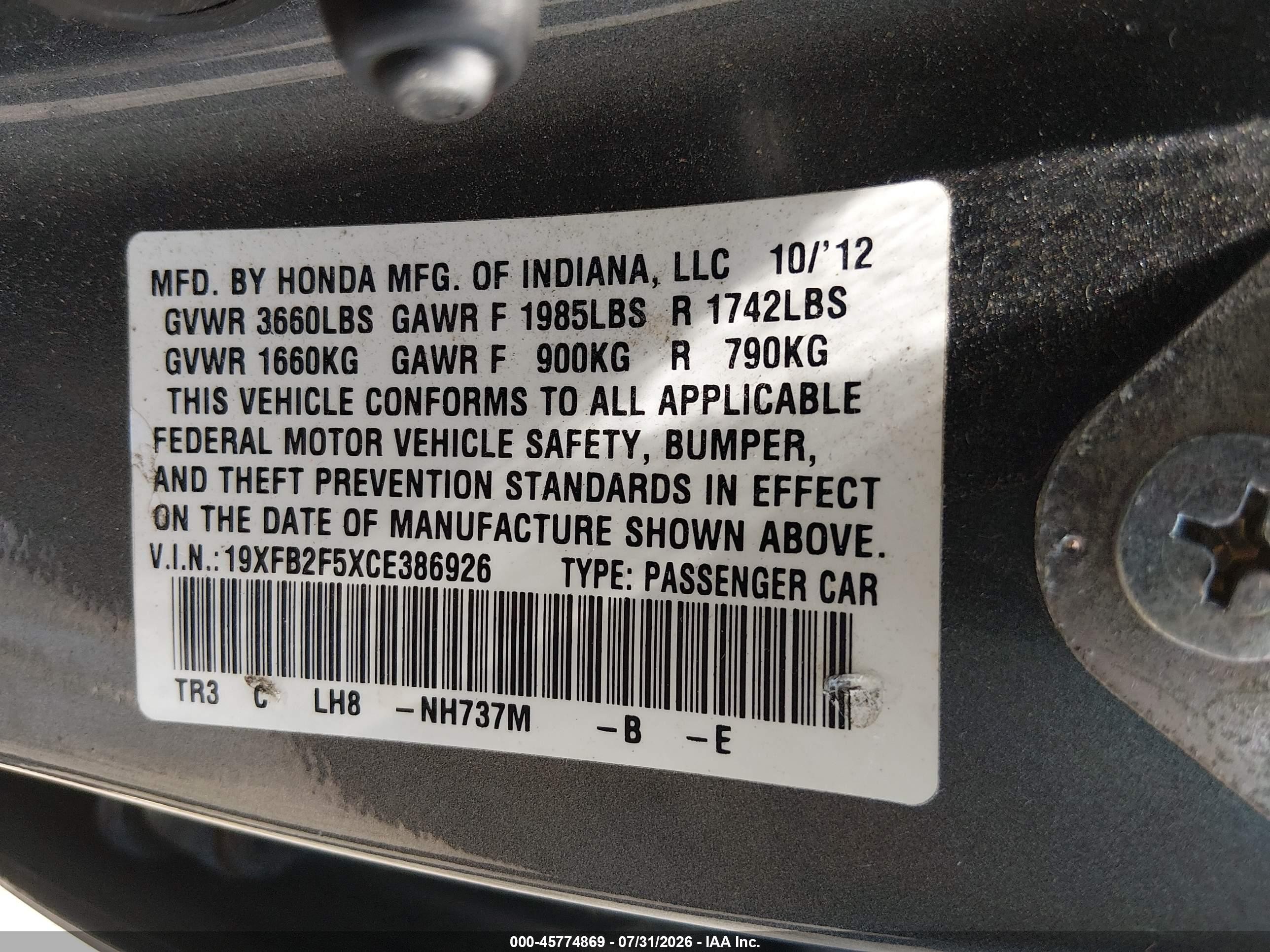 2012 Honda Civic Lx Gray vin: 19XFB2F5XCE386926