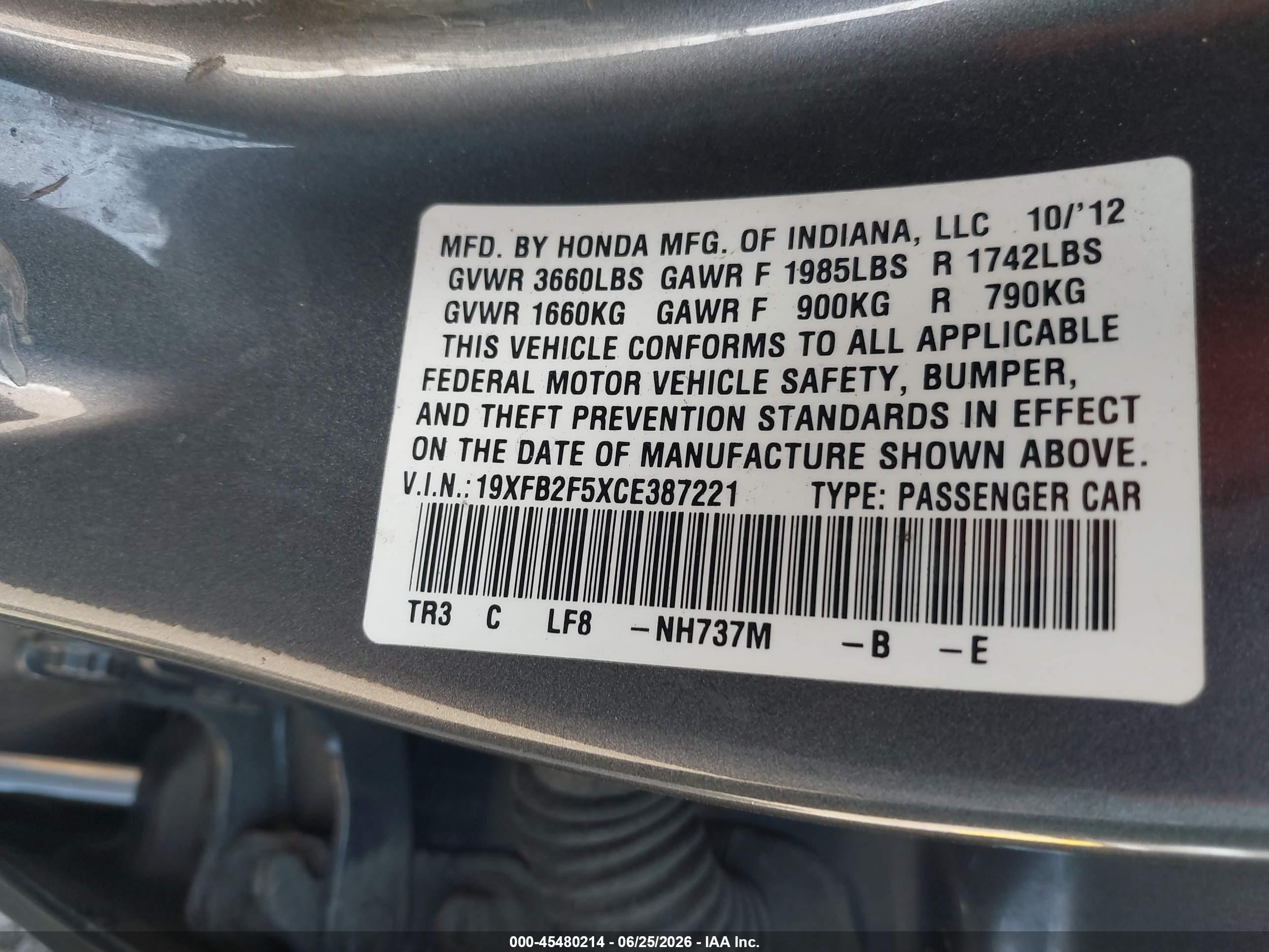 2012 Honda Civic Lx Tan vin: 19XFB2F5XCE387221