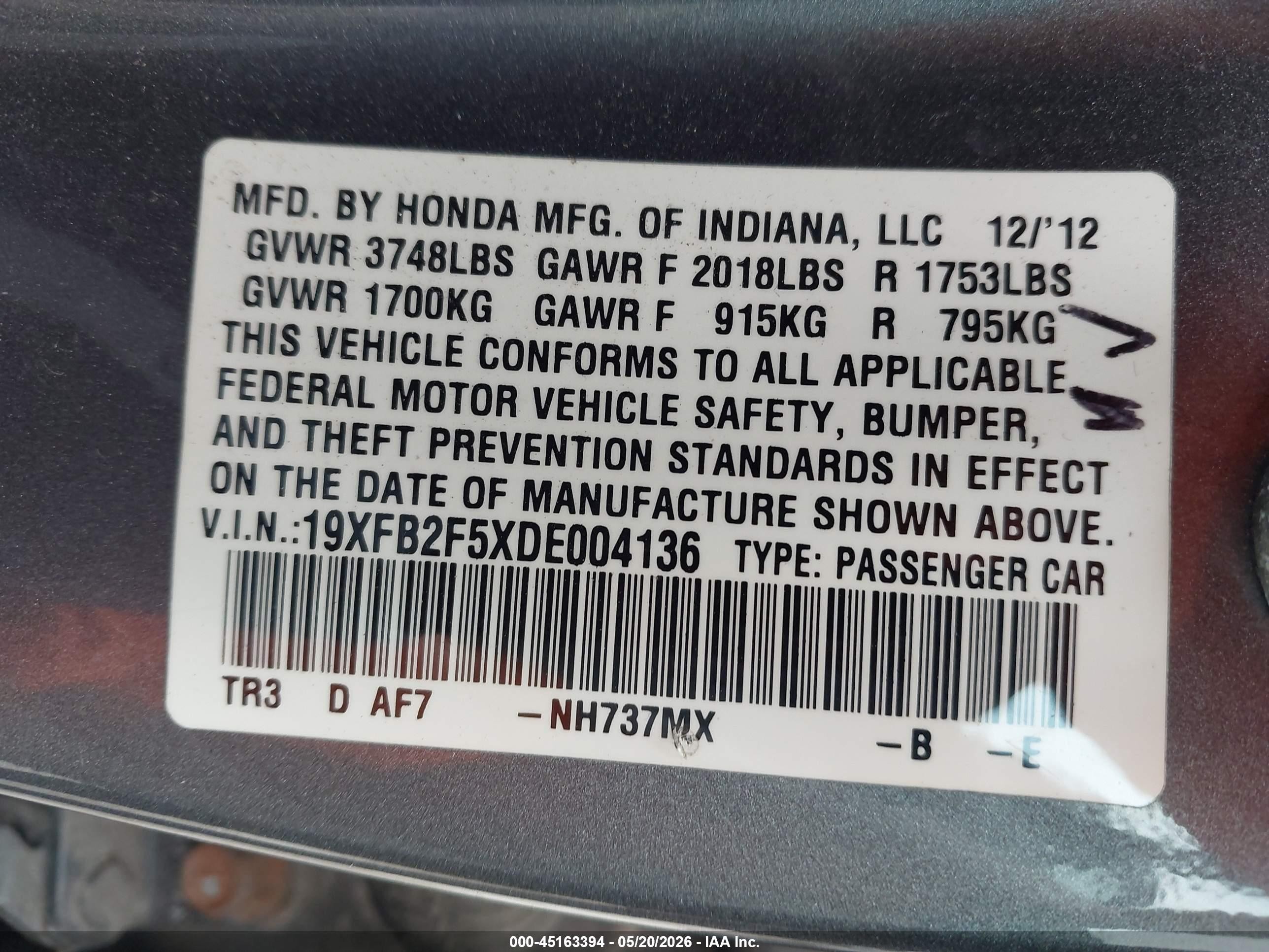 2013 Honda Civic Lx Gray vin: 19XFB2F5XDE004136