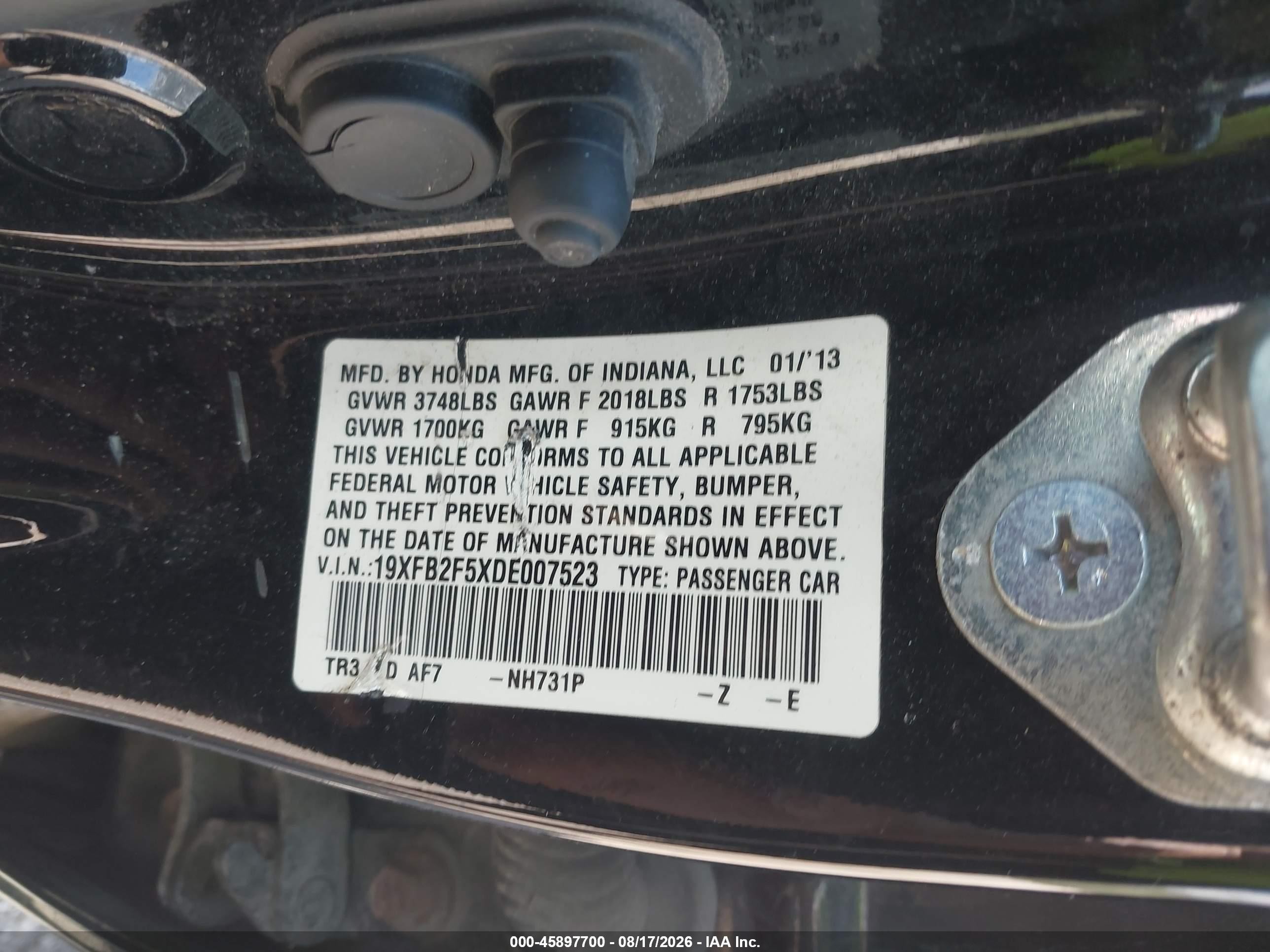 2013 Honda Civic Lx Black vin: 19XFB2F5XDE007523