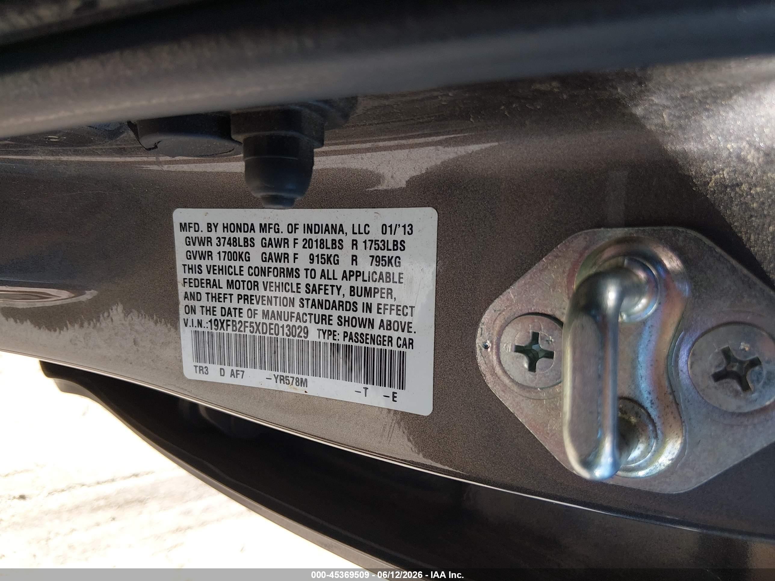 2013 Honda Civic Lx Серый vin: 19XFB2F5XDE013029