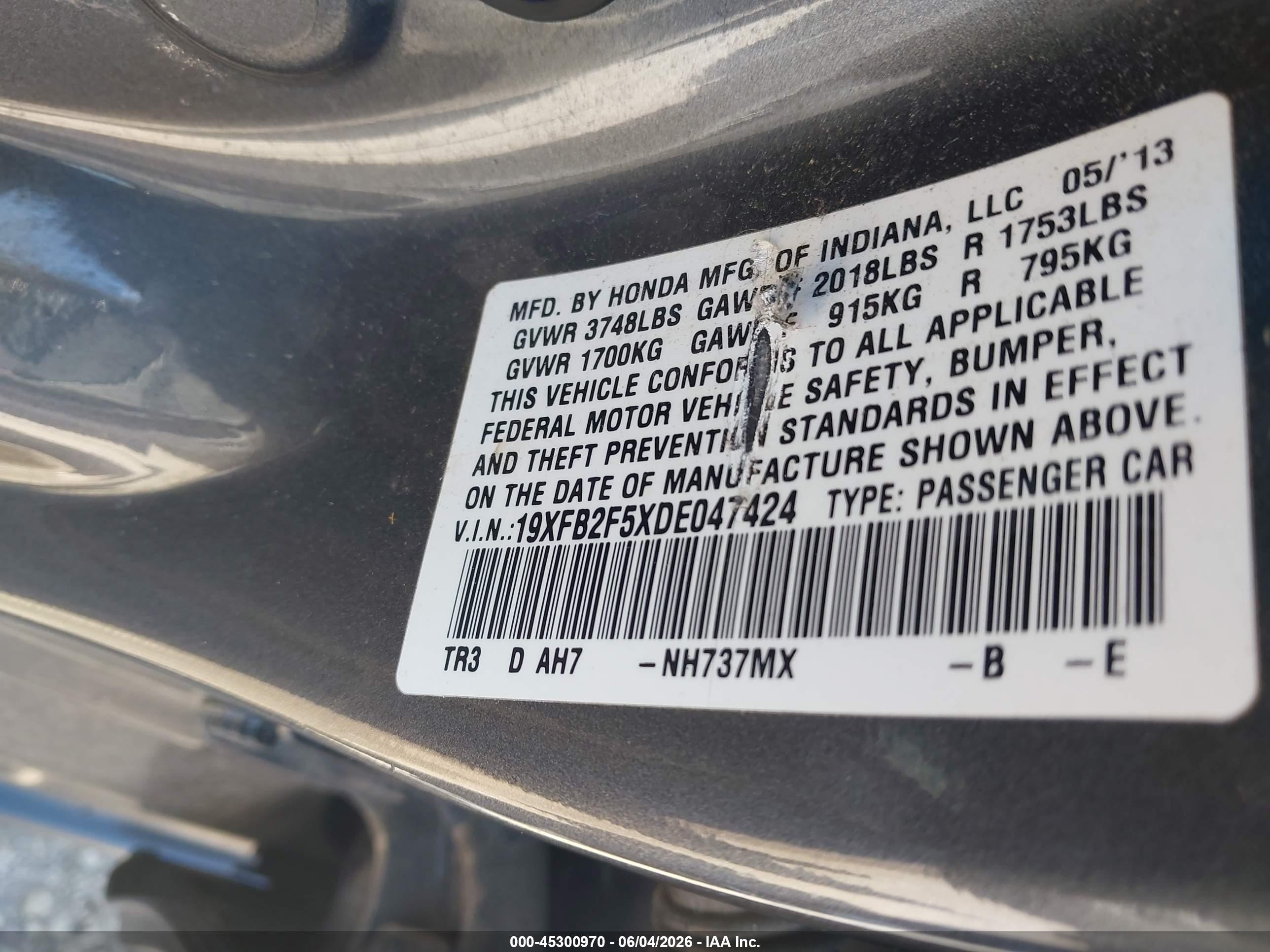 2013 Honda Civic Lx Gray vin: 19XFB2F5XDE047424