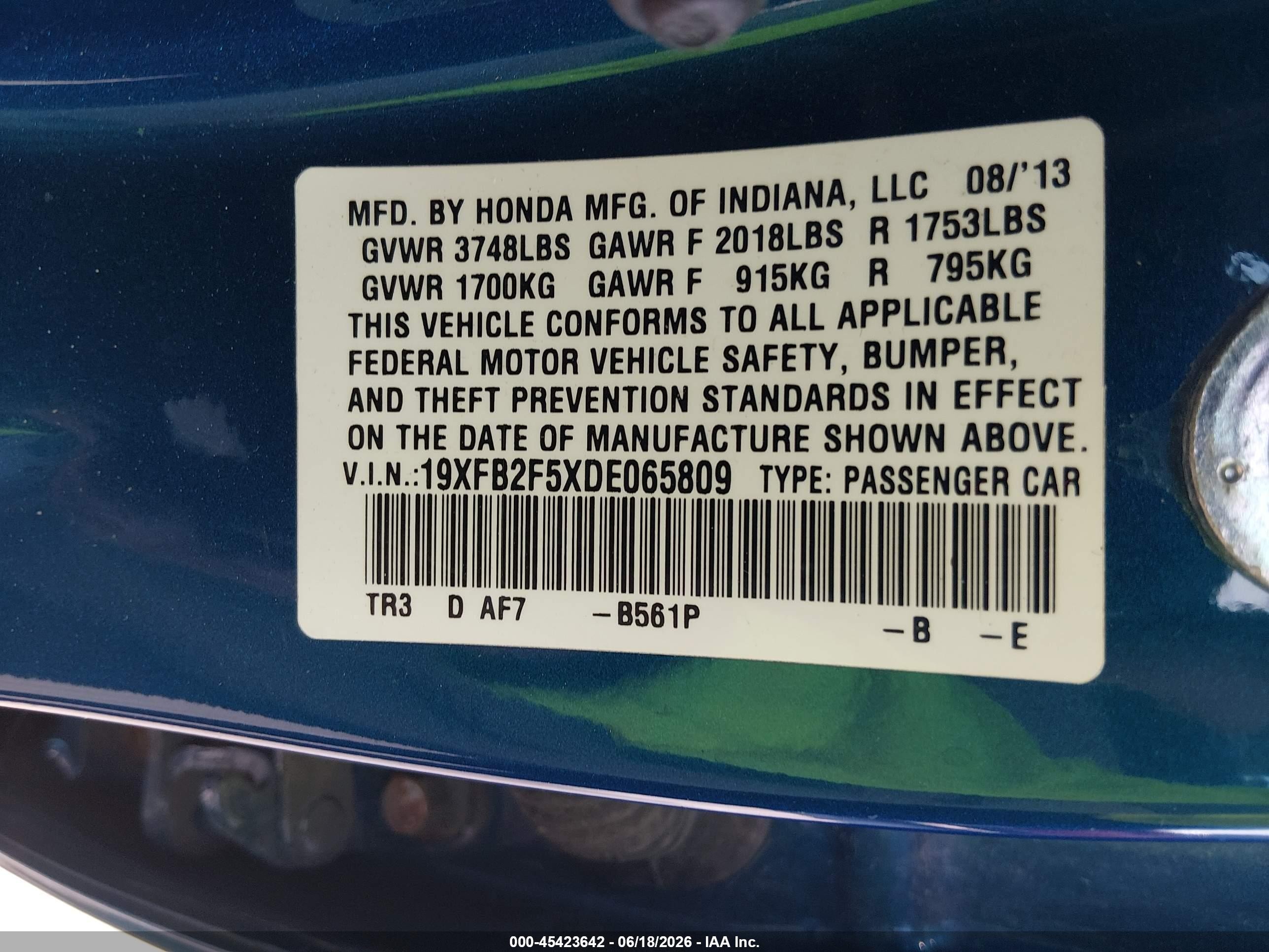 2013 Honda Civic Lx Синий vin: 19XFB2F5XDE065809