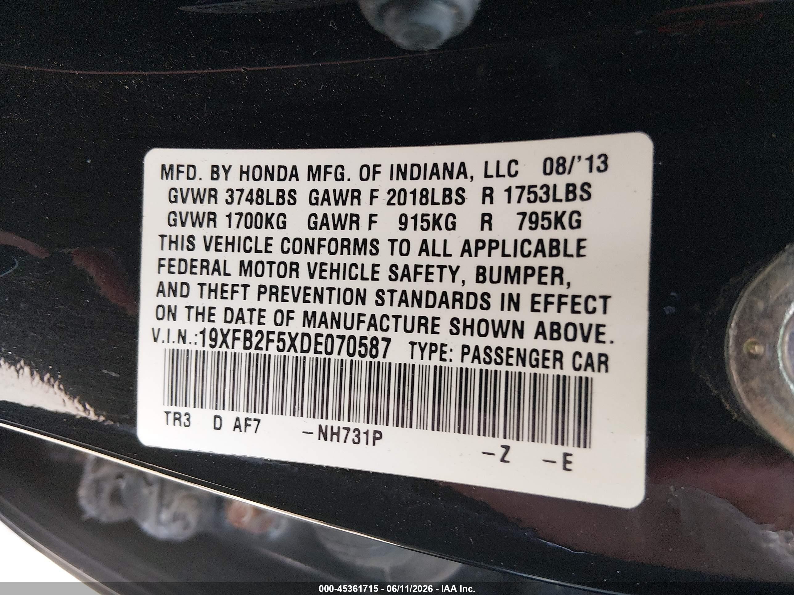 2013 Honda Civic Lx Черный vin: 19XFB2F5XDE070587
