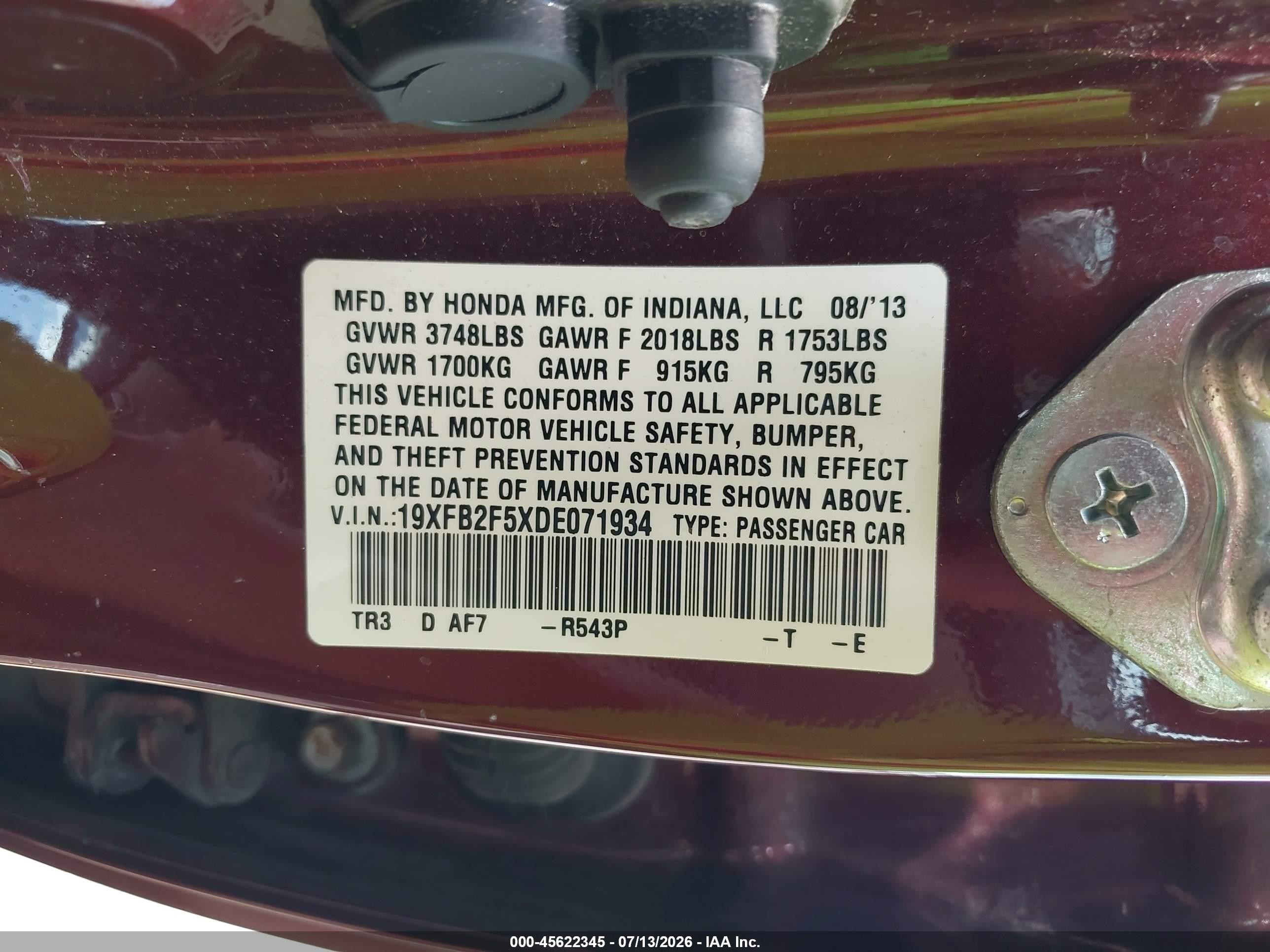 2013 Honda Civic Lx Burgundy vin: 19XFB2F5XDE071934