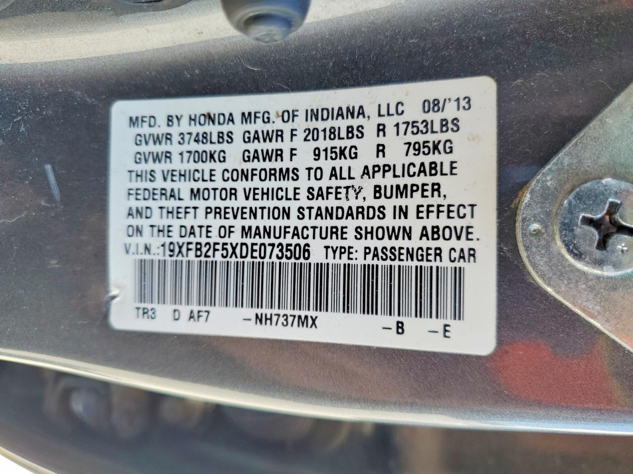 2013 Honda Civic Lx Gray vin: 19XFB2F5XDE073506