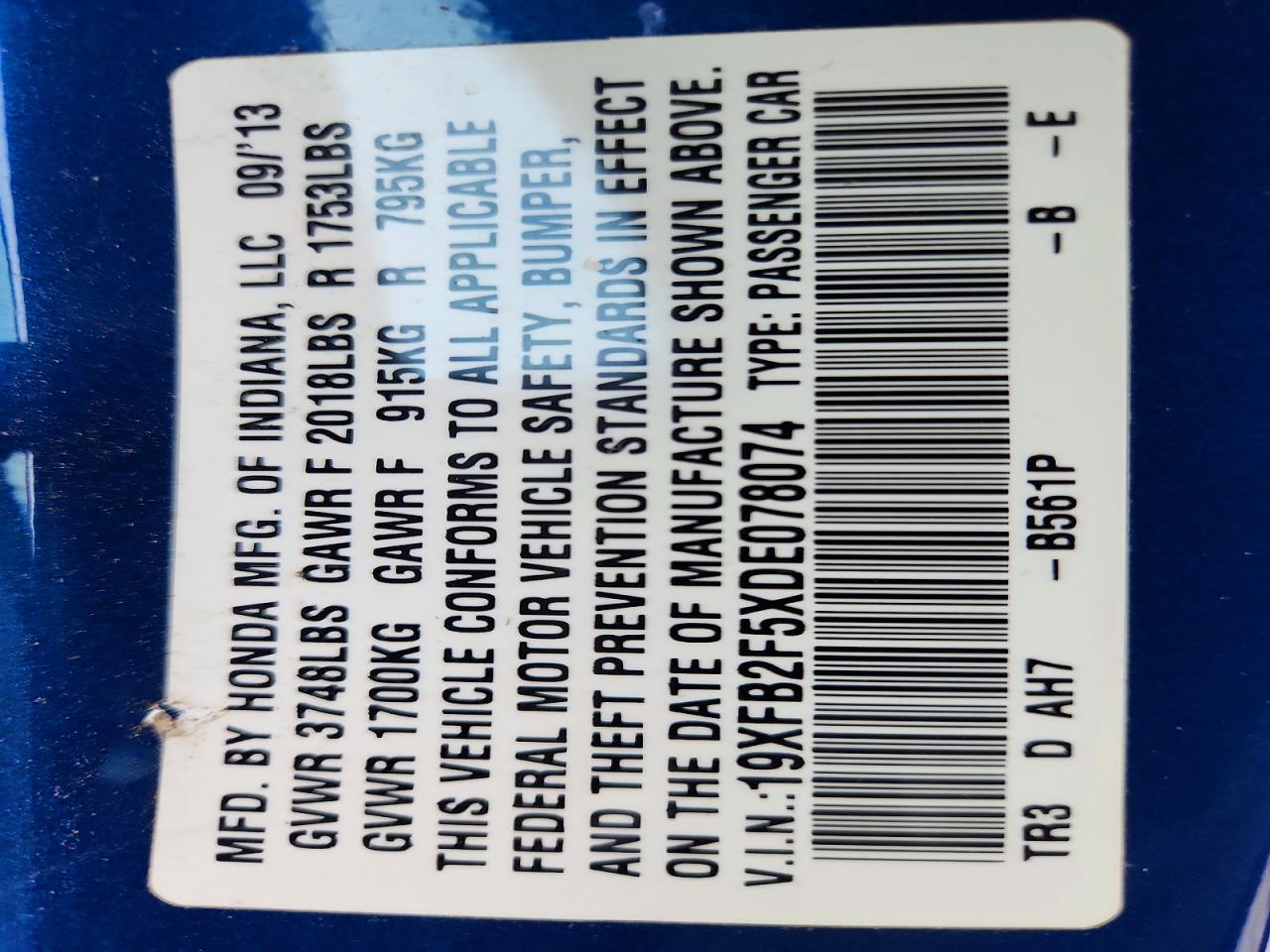 2013 Honda Civic Lx Blue vin: 19XFB2F5XDE078074