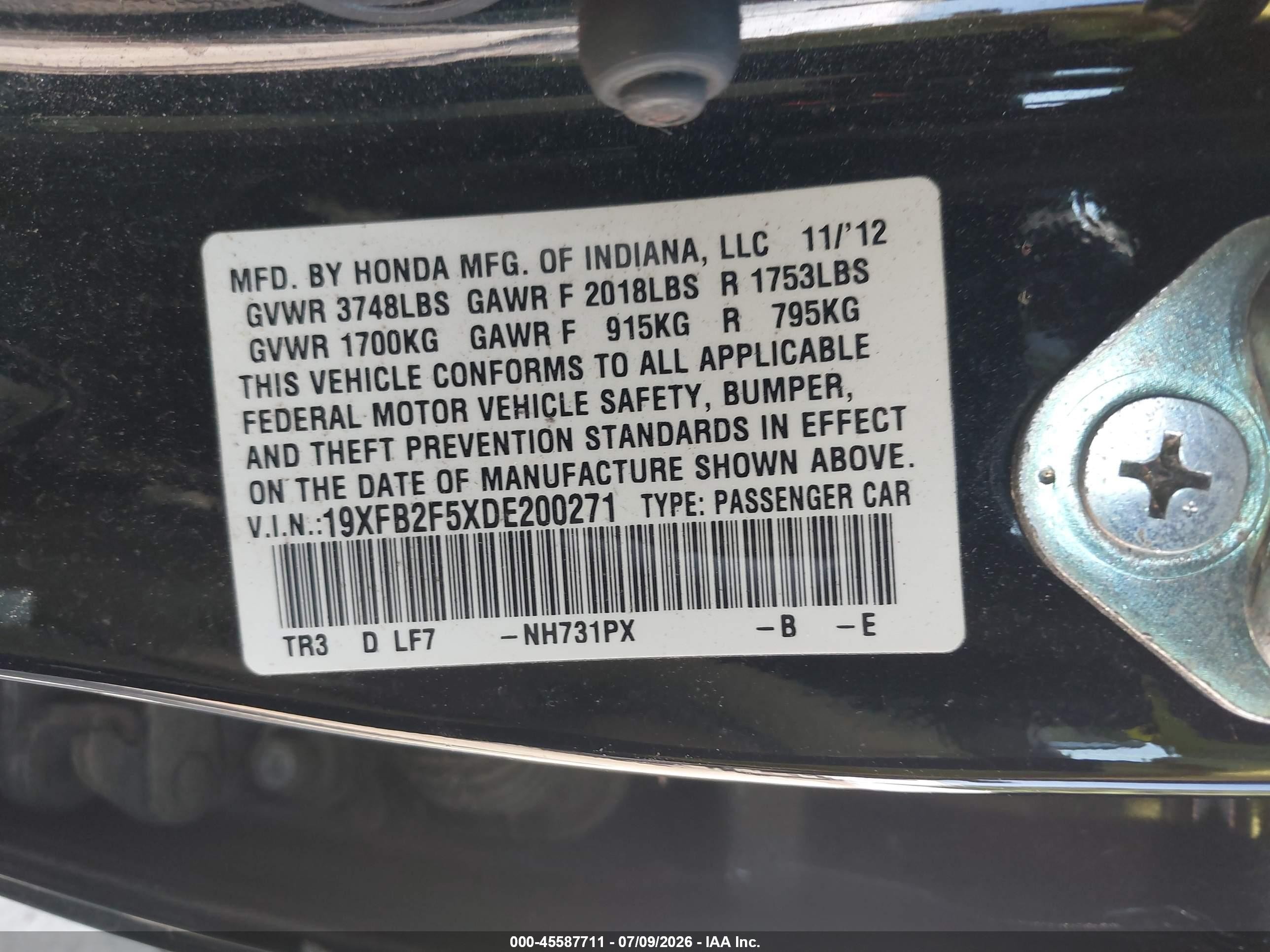 2013 Honda Civic Lx Black vin: 19XFB2F5XDE200271