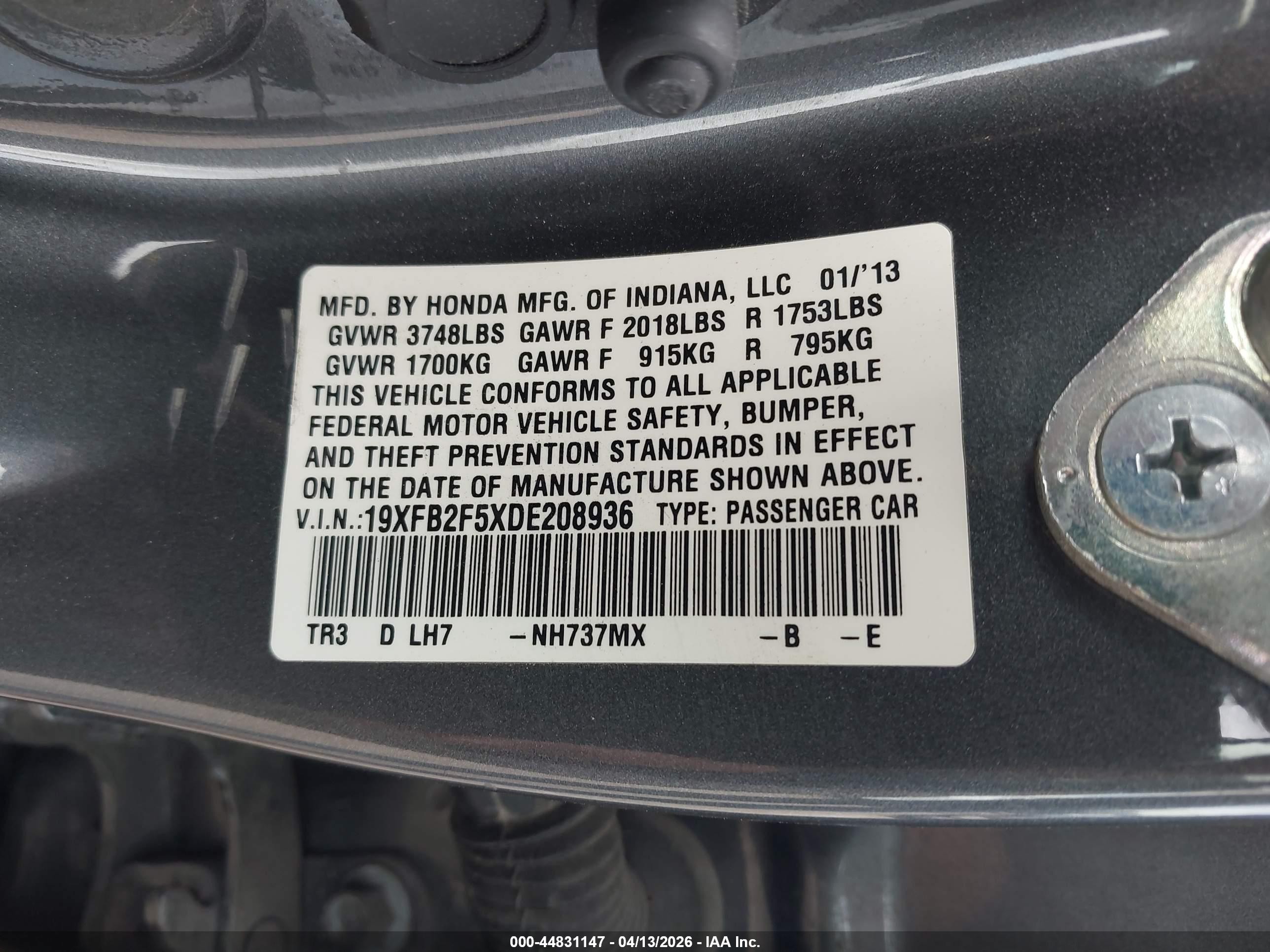 2013 Honda Civic Lx Gray vin: 19XFB2F5XDE208936