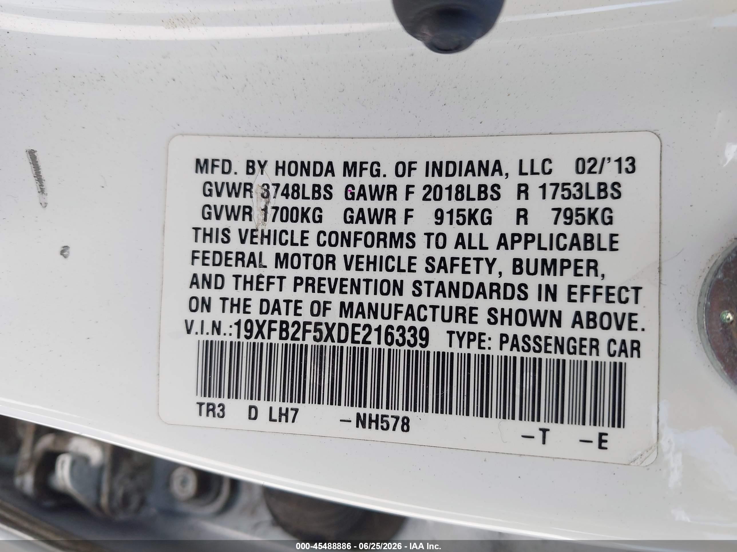 2013 Honda Civic Lx White vin: 19XFB2F5XDE216339