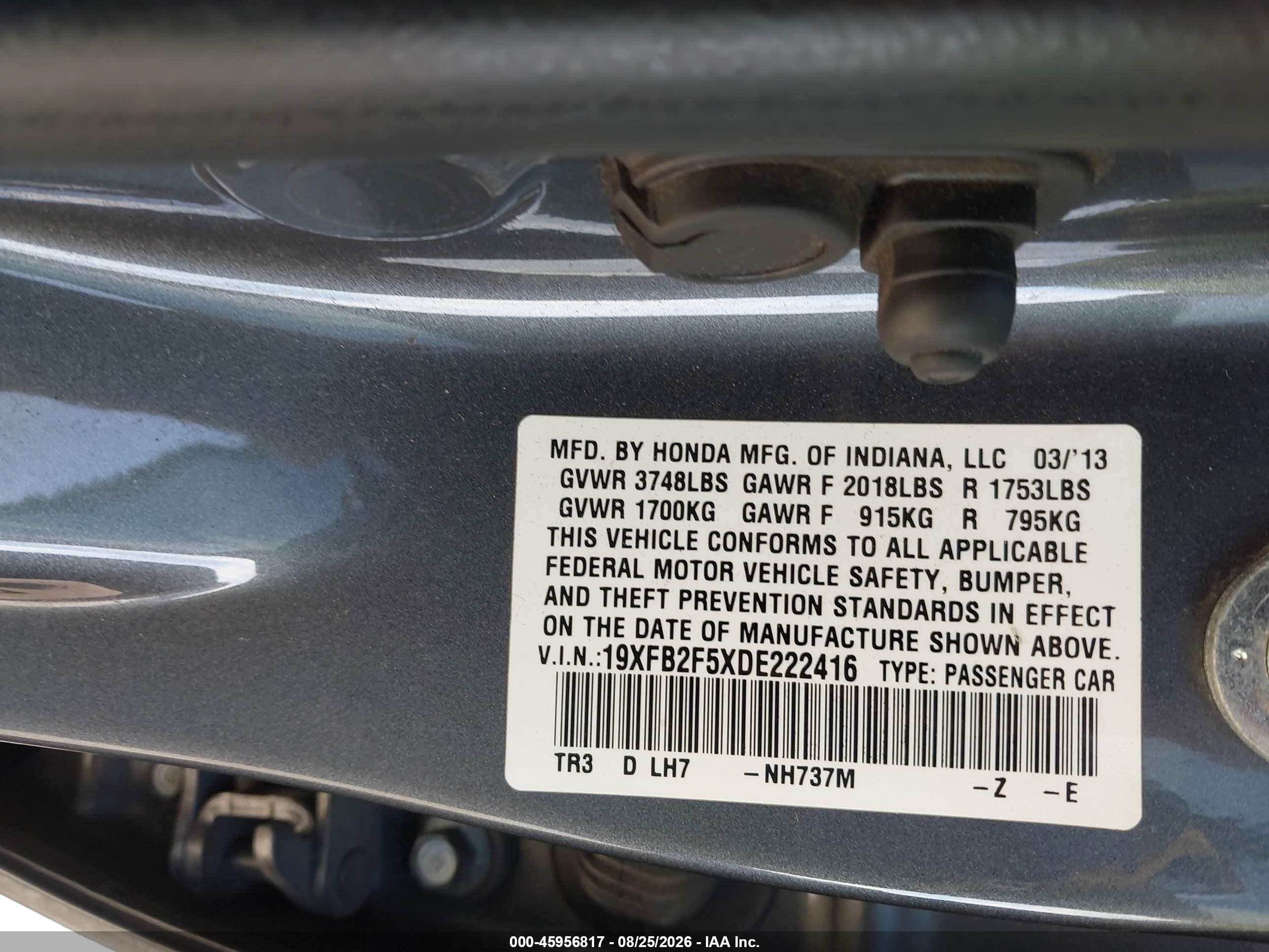 2013 Honda Civic Lx Gray vin: 19XFB2F5XDE222416