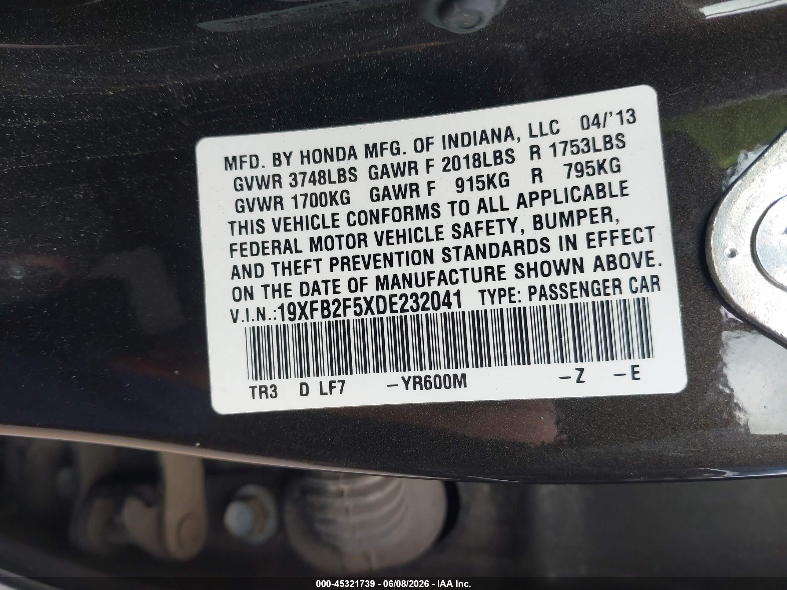 2013 Honda Civic Lx Black vin: 19XFB2F5XDE232041