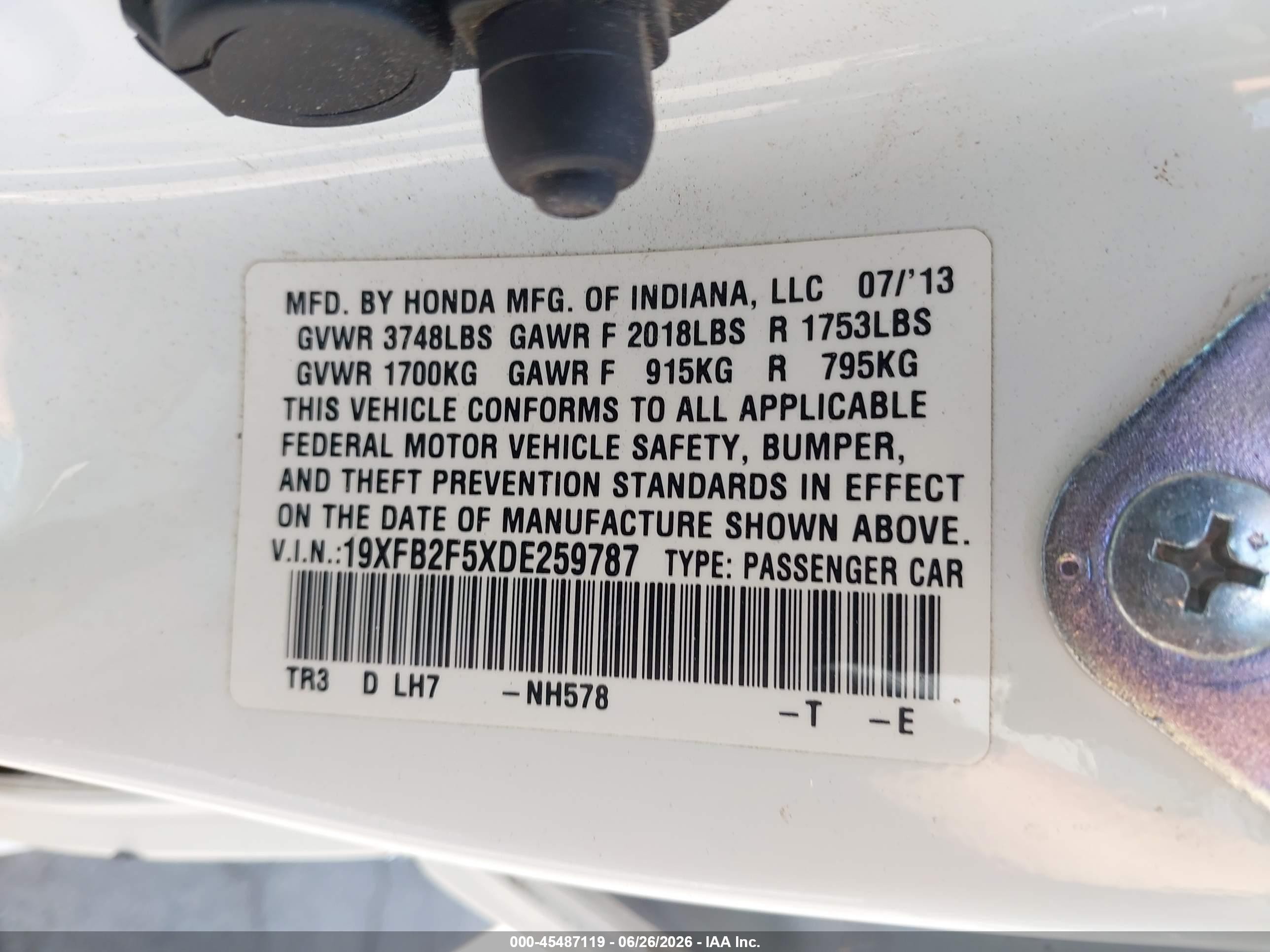 2013 Honda Civic Lx White vin: 19XFB2F5XDE259787