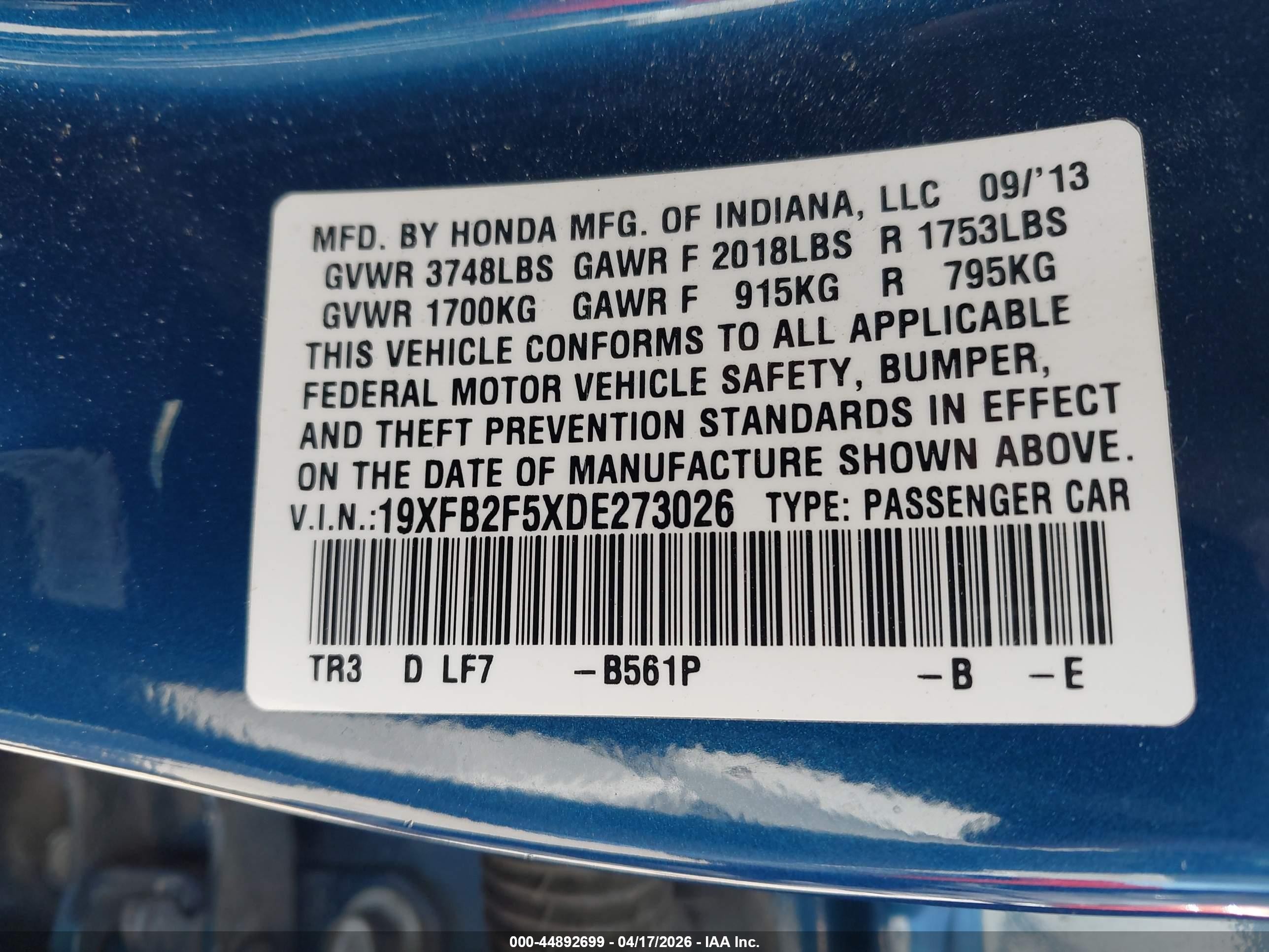 2013 Honda Civic Lx Blue vin: 19XFB2F5XDE273026