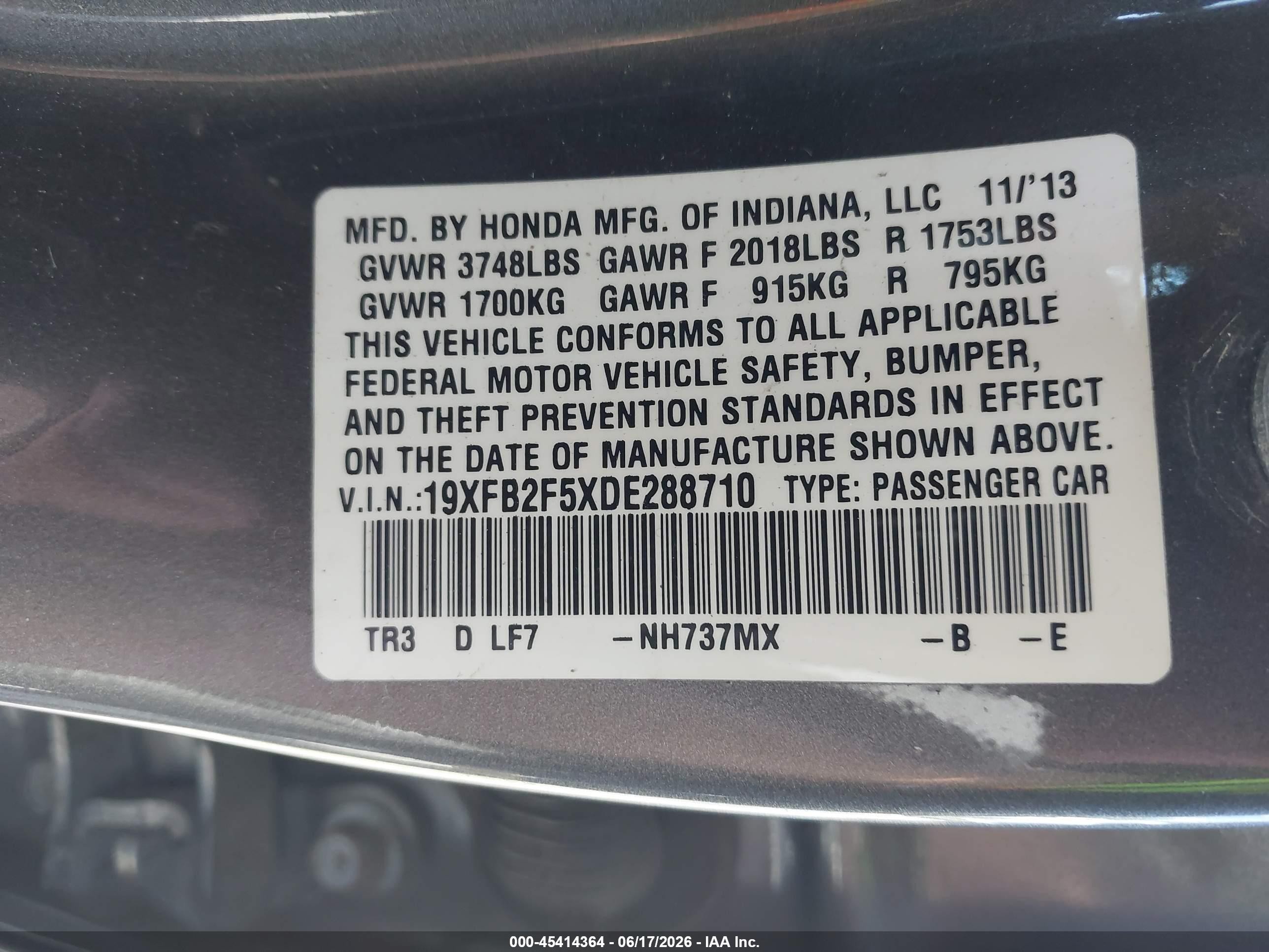 2013 Honda Civic Lx Gray vin: 19XFB2F5XDE288710