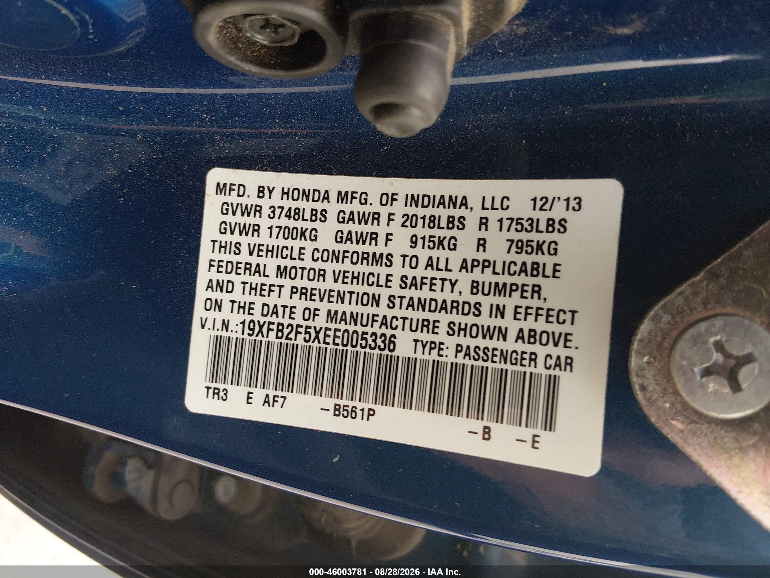 2014 Honda Civic Lx Blue vin: 19XFB2F5XEE005336
