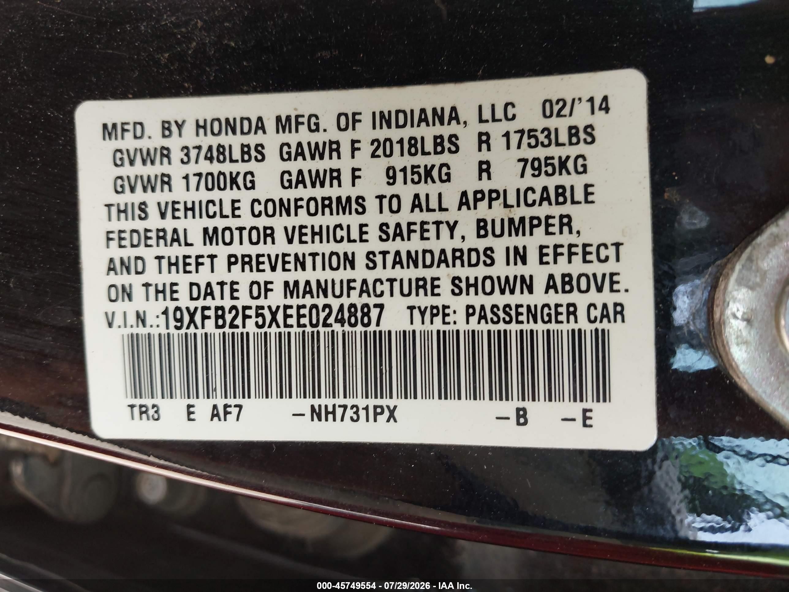 2014 Honda Civic Lx Black vin: 19XFB2F5XEE024887