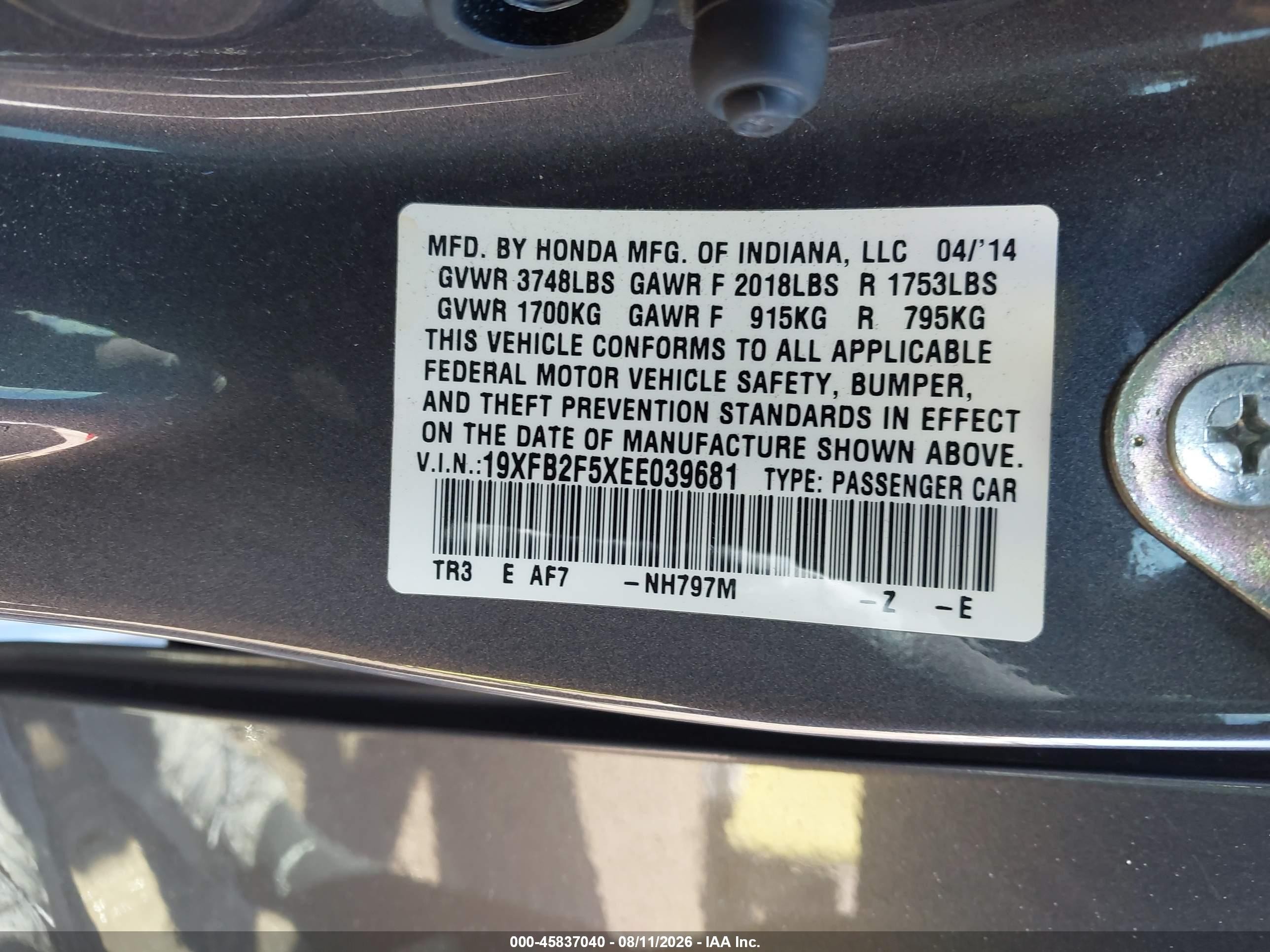 2014 Honda Civic Lx Gray vin: 19XFB2F5XEE039681