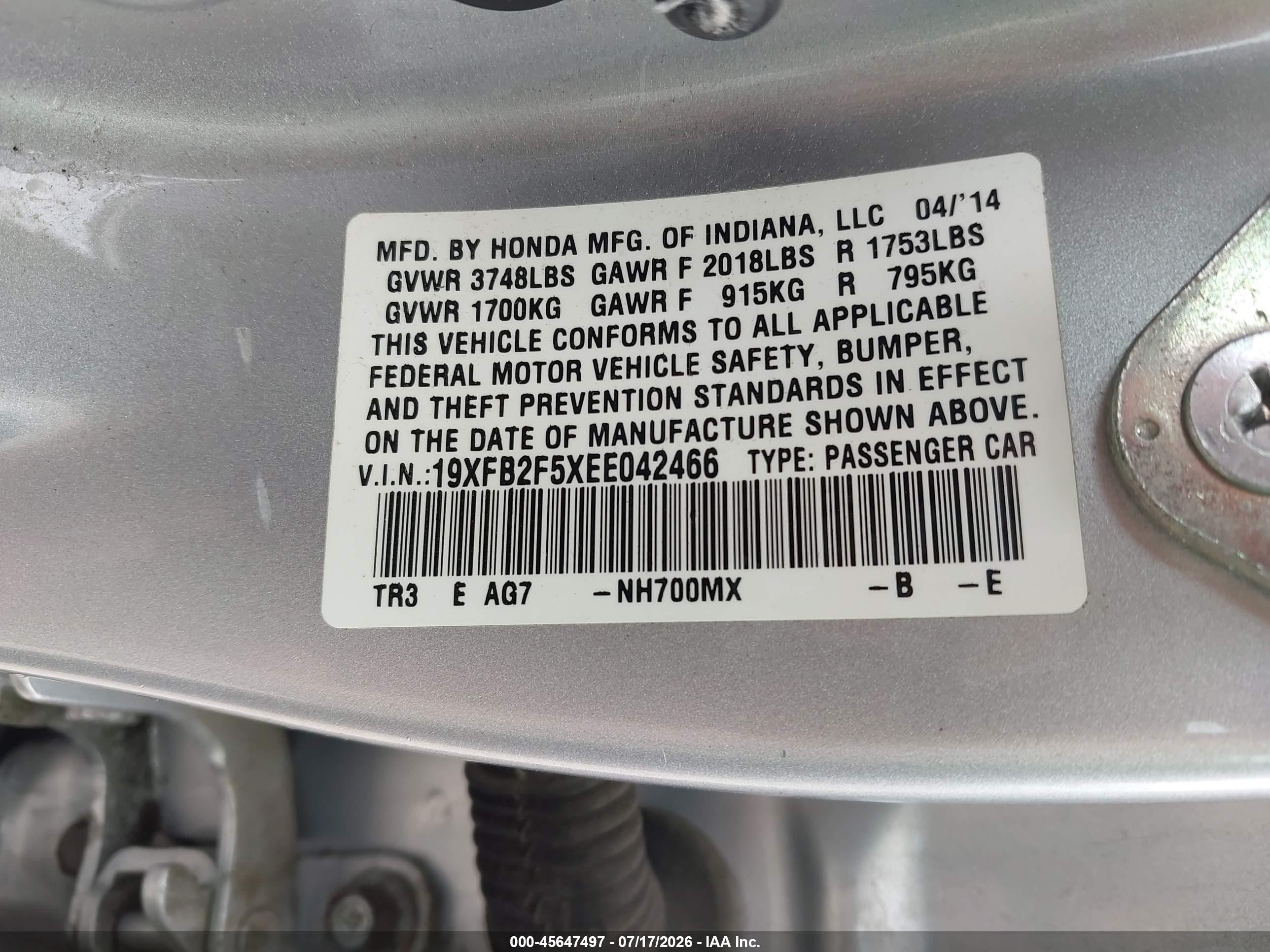 2014 Honda Civic Lx Silver vin: 19XFB2F5XEE042466