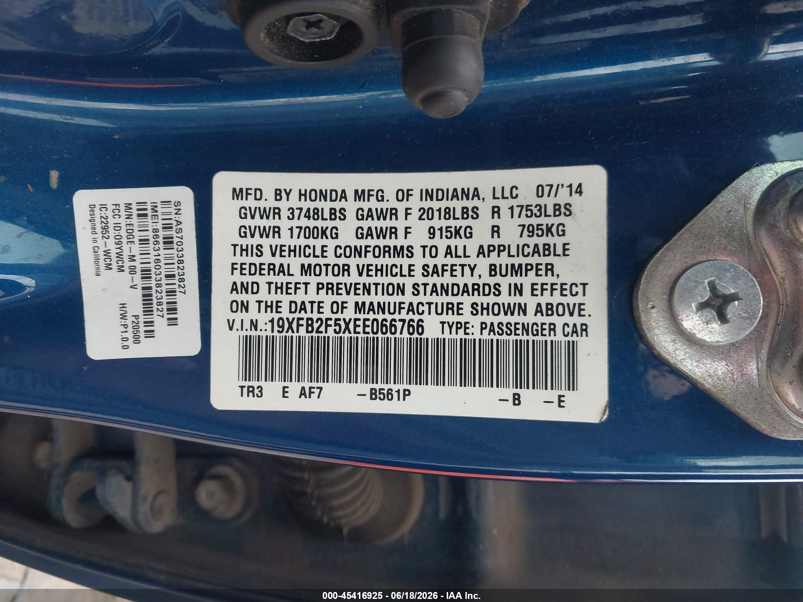 2014 Honda Civic Lx Blue vin: 19XFB2F5XEE066766