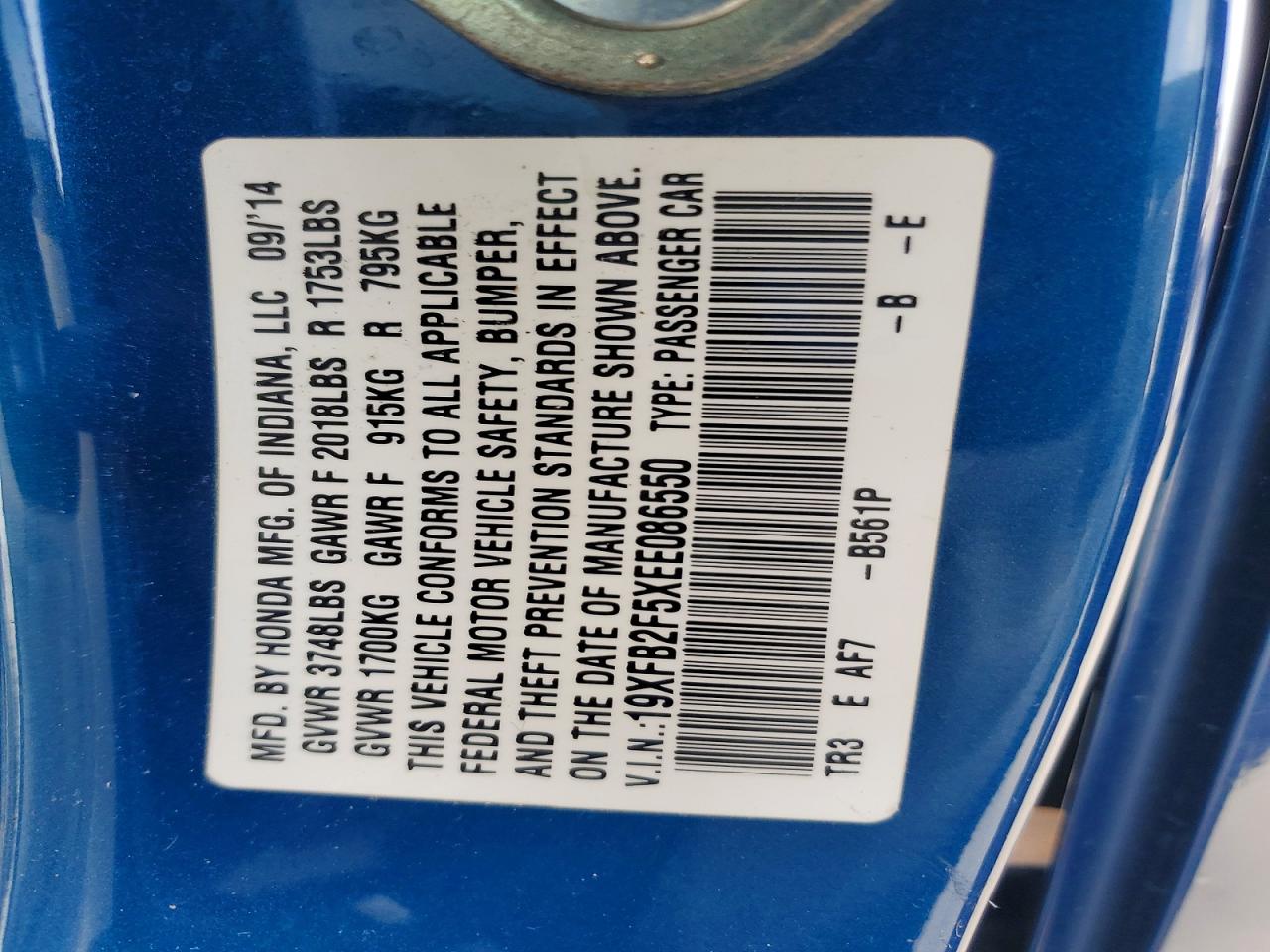2014 Honda Civic Lx Blue vin: 19XFB2F5XEE086550