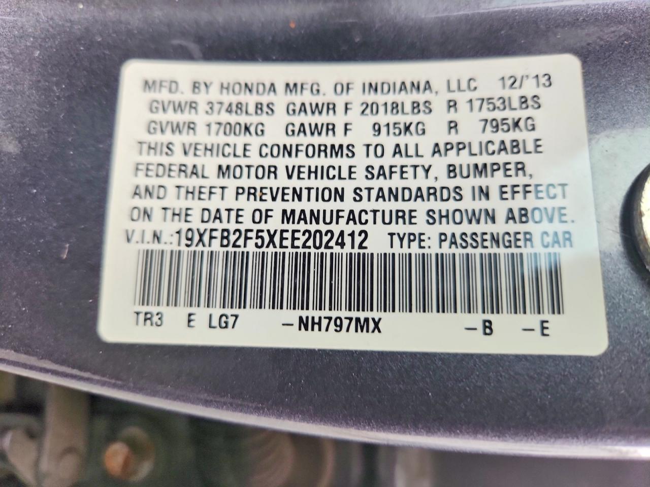 2014 Honda Civic Lx Gray vin: 19XFB2F5XEE202412