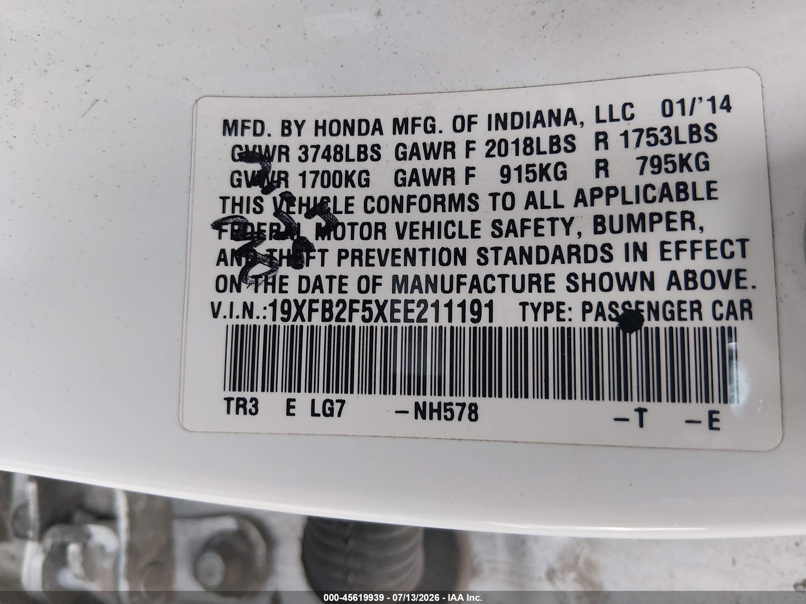 2014 Honda Civic Lx White vin: 19XFB2F5XEE211191
